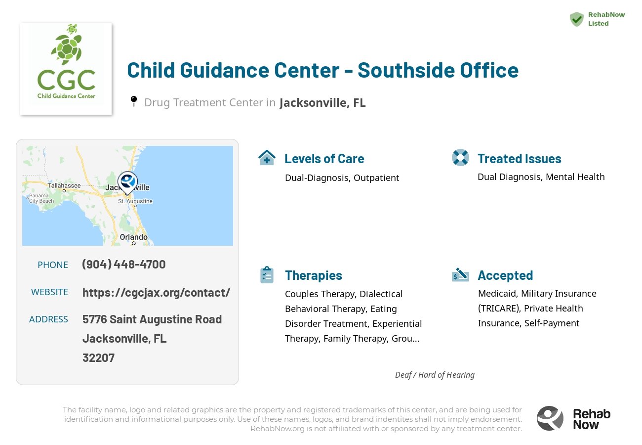 Helpful reference information for Child Guidance Center - Southside Office, a drug treatment center in Florida located at: 5776 Saint Augustine Road, Jacksonville, FL, 32207, including phone numbers, official website, and more. Listed briefly is an overview of Levels of Care, Therapies Offered, Issues Treated, and accepted forms of Payment Methods.