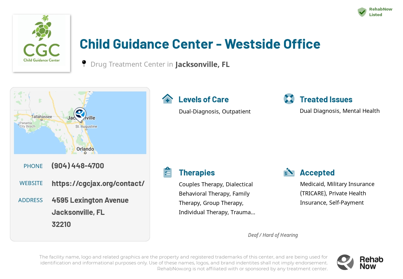 Helpful reference information for Child Guidance Center - Westside Office, a drug treatment center in Florida located at: 4595 Lexington Avenue, Jacksonville, FL, 32210, including phone numbers, official website, and more. Listed briefly is an overview of Levels of Care, Therapies Offered, Issues Treated, and accepted forms of Payment Methods.