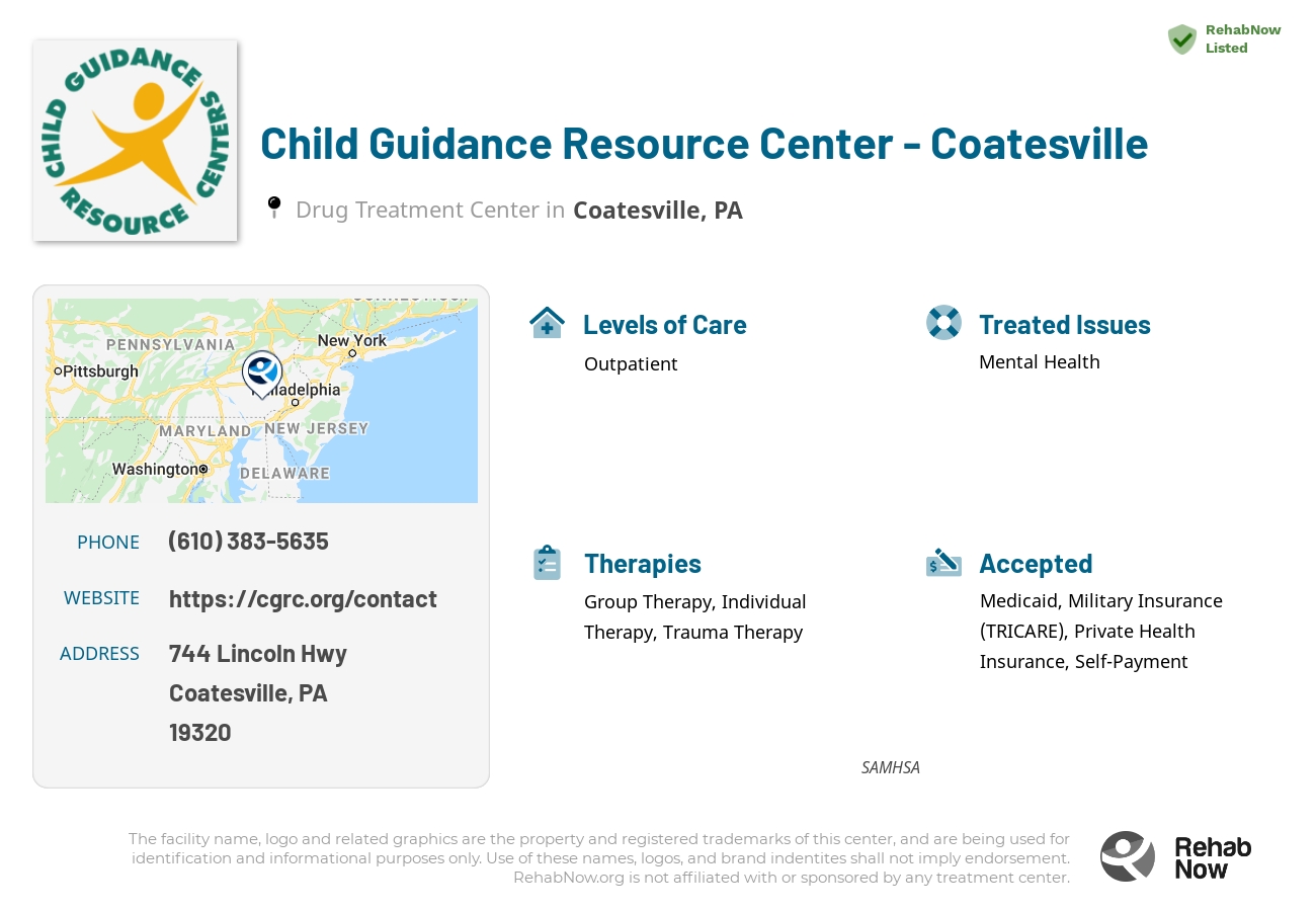 Helpful reference information for Child Guidance Resource Center - Coatesville, a drug treatment center in Pennsylvania located at: 744 Lincoln Hwy, Coatesville, PA 19320, including phone numbers, official website, and more. Listed briefly is an overview of Levels of Care, Therapies Offered, Issues Treated, and accepted forms of Payment Methods.