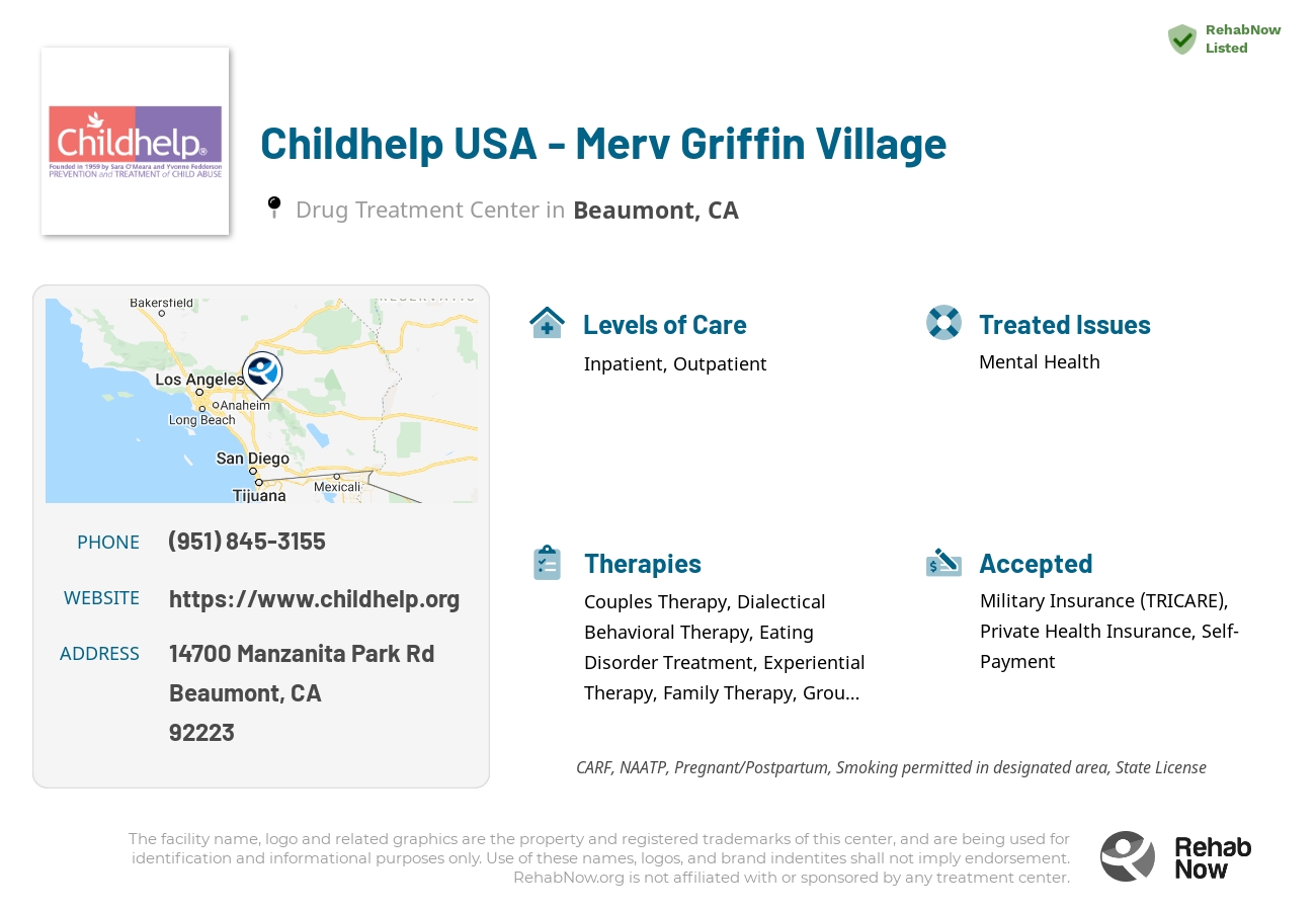 Helpful reference information for Childhelp USA - Merv Griffin Village, a drug treatment center in California located at: 14700 Manzanita Park Rd, Beaumont, CA 92223, including phone numbers, official website, and more. Listed briefly is an overview of Levels of Care, Therapies Offered, Issues Treated, and accepted forms of Payment Methods.