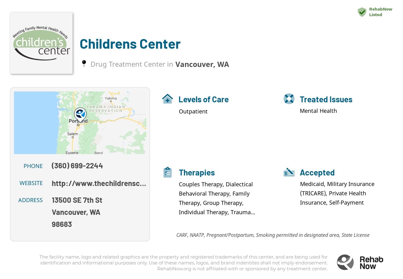 Helpful reference information for Childrens Center, a drug treatment center in Washington located at: 13500 SE 7th St, Vancouver, WA 98683, including phone numbers, official website, and more. Listed briefly is an overview of Levels of Care, Therapies Offered, Issues Treated, and accepted forms of Payment Methods.