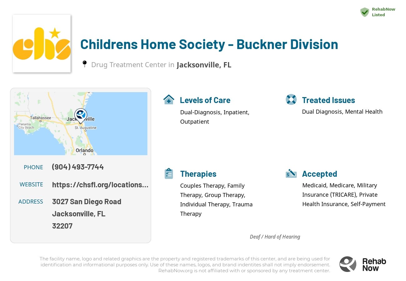 Helpful reference information for Childrens Home Society - Buckner Division, a drug treatment center in Florida located at: 3027 San Diego Road, Jacksonville, FL, 32207, including phone numbers, official website, and more. Listed briefly is an overview of Levels of Care, Therapies Offered, Issues Treated, and accepted forms of Payment Methods.