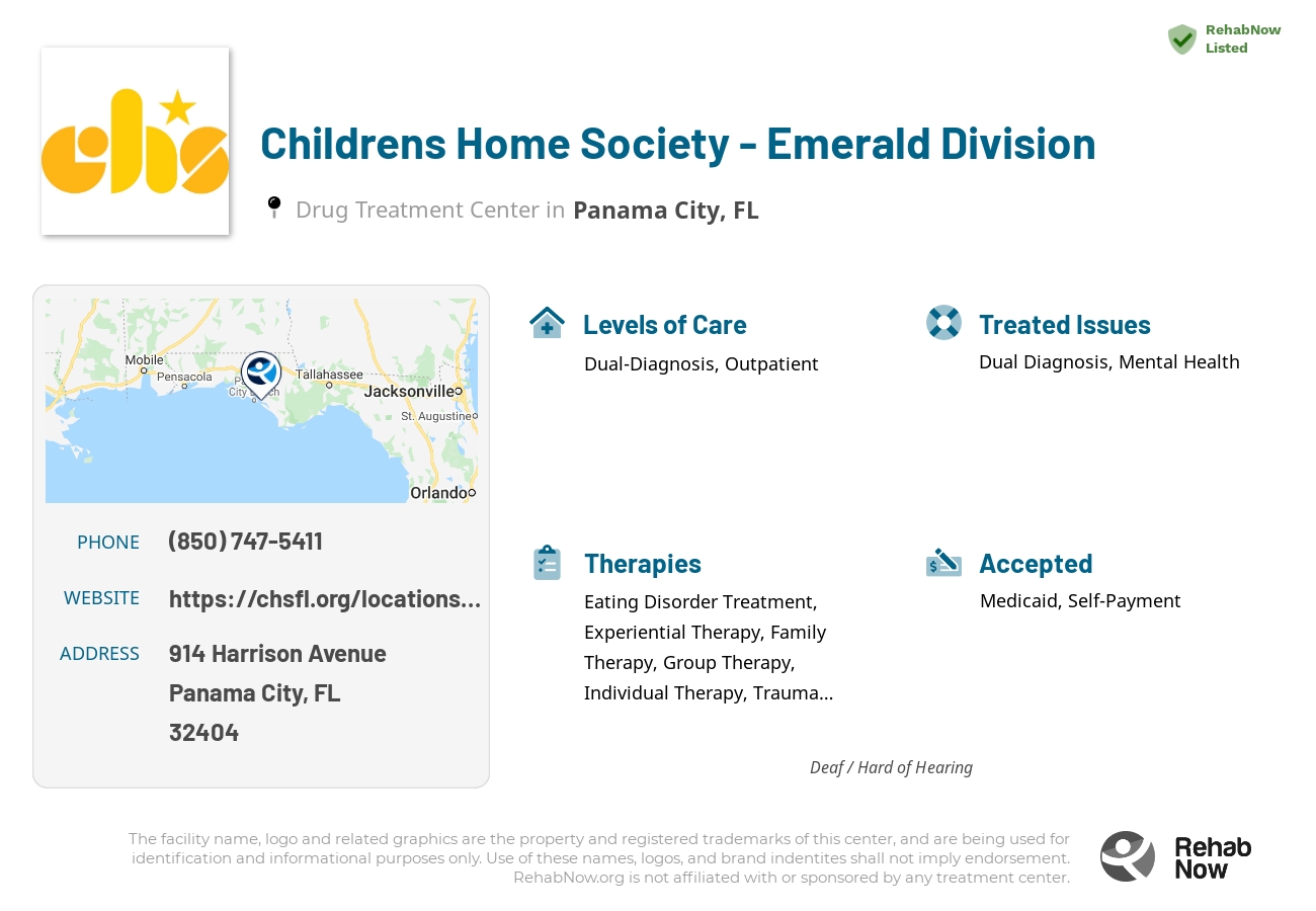 Helpful reference information for Childrens Home Society - Emerald Division, a drug treatment center in Florida located at: 914 Harrison Avenue, Panama City, FL, 32404, including phone numbers, official website, and more. Listed briefly is an overview of Levels of Care, Therapies Offered, Issues Treated, and accepted forms of Payment Methods.