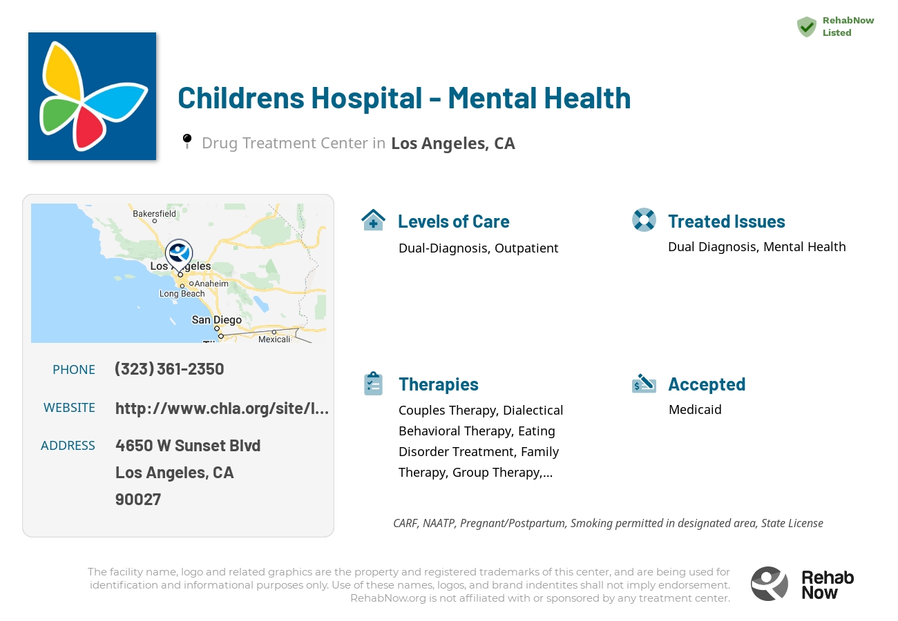 Helpful reference information for Childrens Hospital - Mental Health, a drug treatment center in California located at: 4650 W Sunset Blvd, Los Angeles, CA 90027, including phone numbers, official website, and more. Listed briefly is an overview of Levels of Care, Therapies Offered, Issues Treated, and accepted forms of Payment Methods.