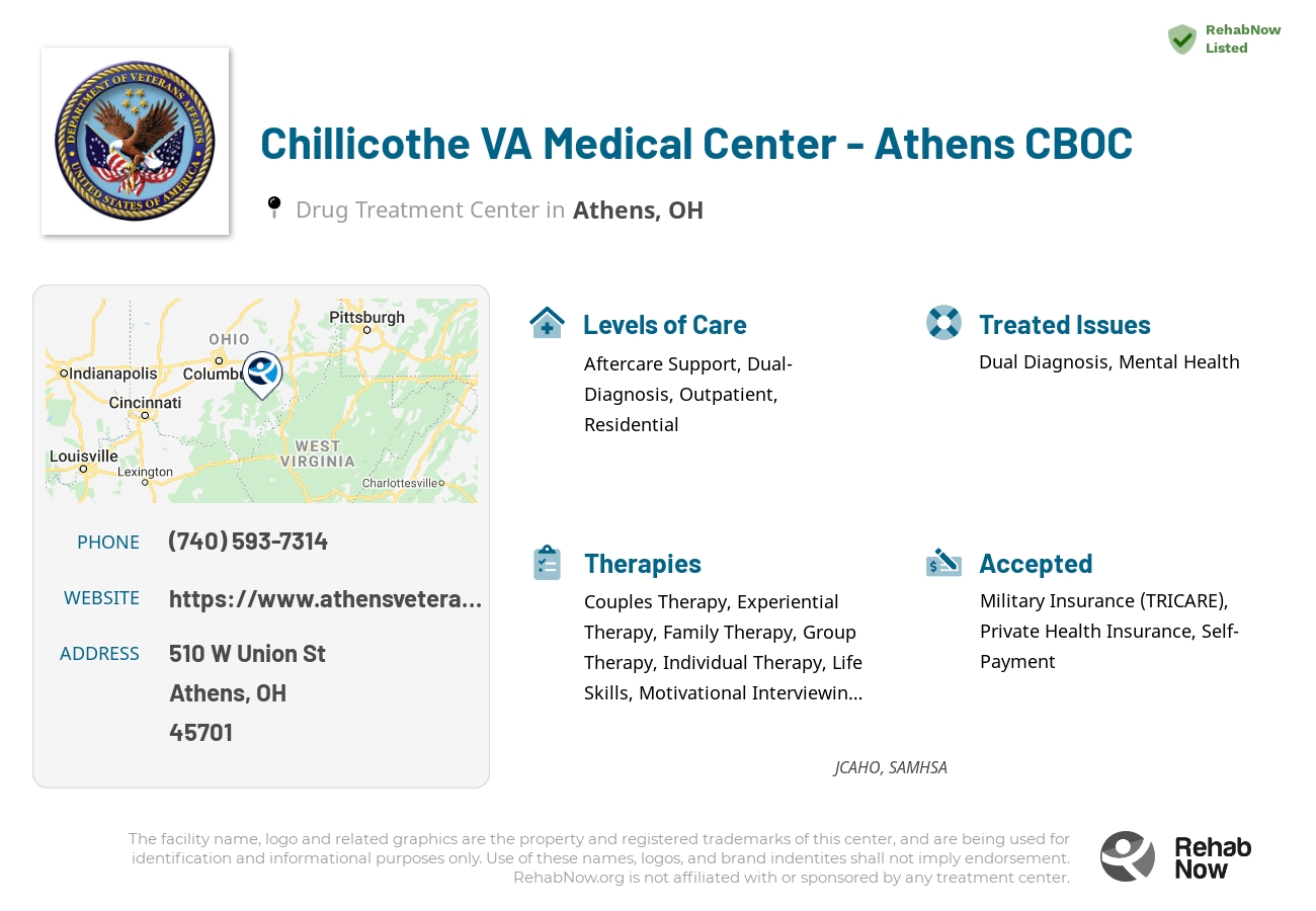 Helpful reference information for Chillicothe VA Medical Center - Athens CBOC, a drug treatment center in Ohio located at: 510 W Union St, Athens, OH 45701, including phone numbers, official website, and more. Listed briefly is an overview of Levels of Care, Therapies Offered, Issues Treated, and accepted forms of Payment Methods.