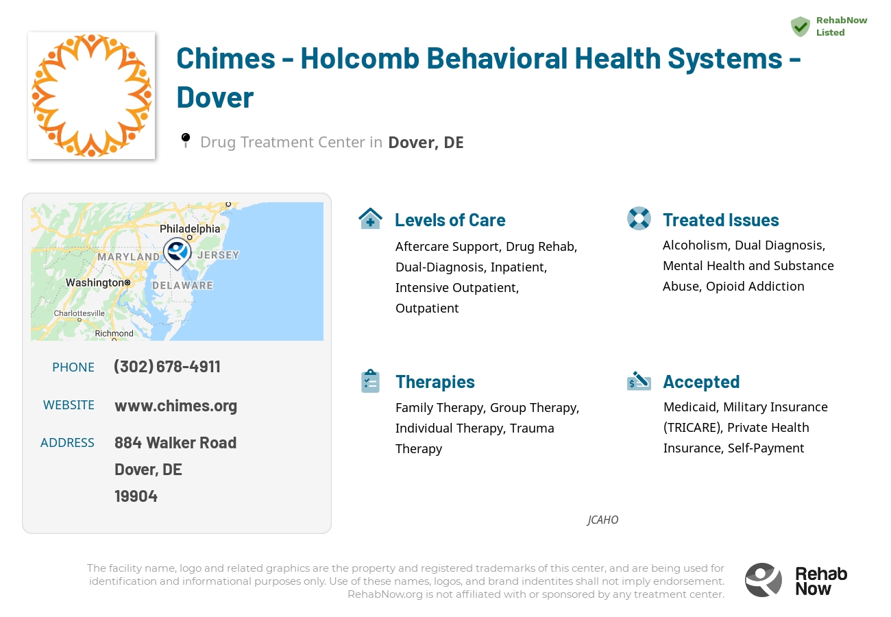 Helpful reference information for Chimes - Holcomb Behavioral Health Systems - Dover, a drug treatment center in Delaware located at: 884 Walker Road, Dover, DE, 19904, including phone numbers, official website, and more. Listed briefly is an overview of Levels of Care, Therapies Offered, Issues Treated, and accepted forms of Payment Methods.