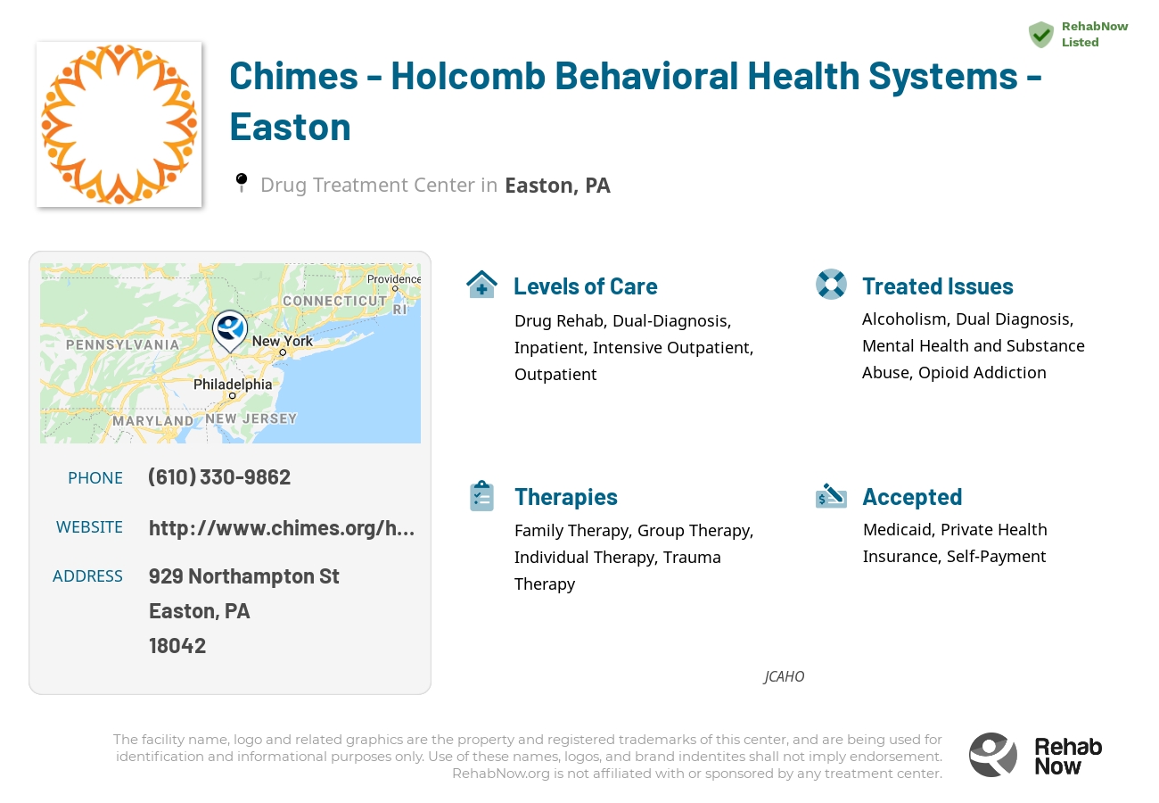 Helpful reference information for Chimes - Holcomb Behavioral Health Systems - Easton, a drug treatment center in Pennsylvania located at: 929 Northampton St, Easton, PA 18042, including phone numbers, official website, and more. Listed briefly is an overview of Levels of Care, Therapies Offered, Issues Treated, and accepted forms of Payment Methods.