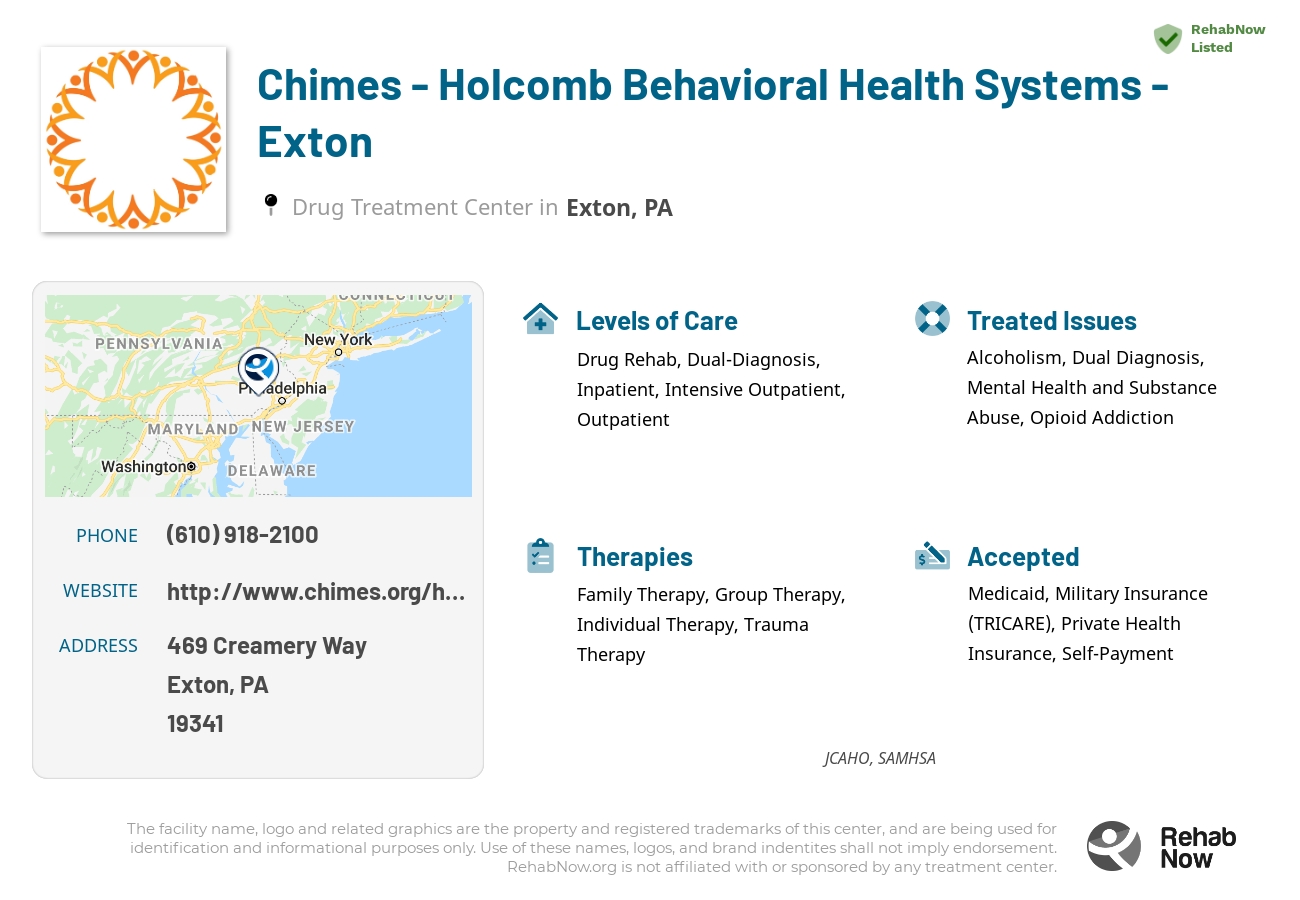 Helpful reference information for Chimes - Holcomb Behavioral Health Systems - Exton, a drug treatment center in Pennsylvania located at: 469 Creamery Way, Exton, PA 19341, including phone numbers, official website, and more. Listed briefly is an overview of Levels of Care, Therapies Offered, Issues Treated, and accepted forms of Payment Methods.