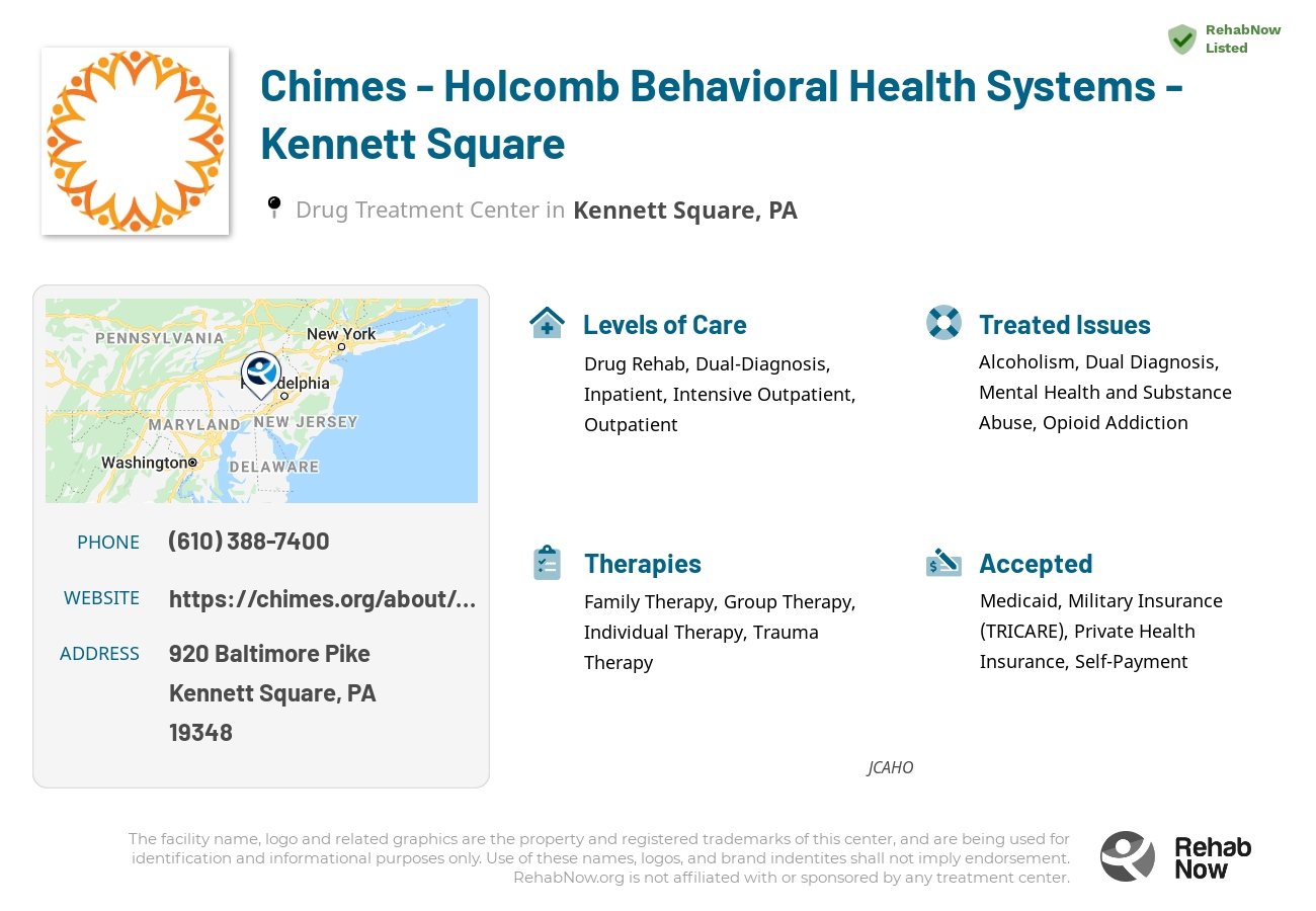 Helpful reference information for Chimes - Holcomb Behavioral Health Systems - Kennett Square, a drug treatment center in Pennsylvania located at: 920 Baltimore Pike, Kennett Square, PA 19348, including phone numbers, official website, and more. Listed briefly is an overview of Levels of Care, Therapies Offered, Issues Treated, and accepted forms of Payment Methods.