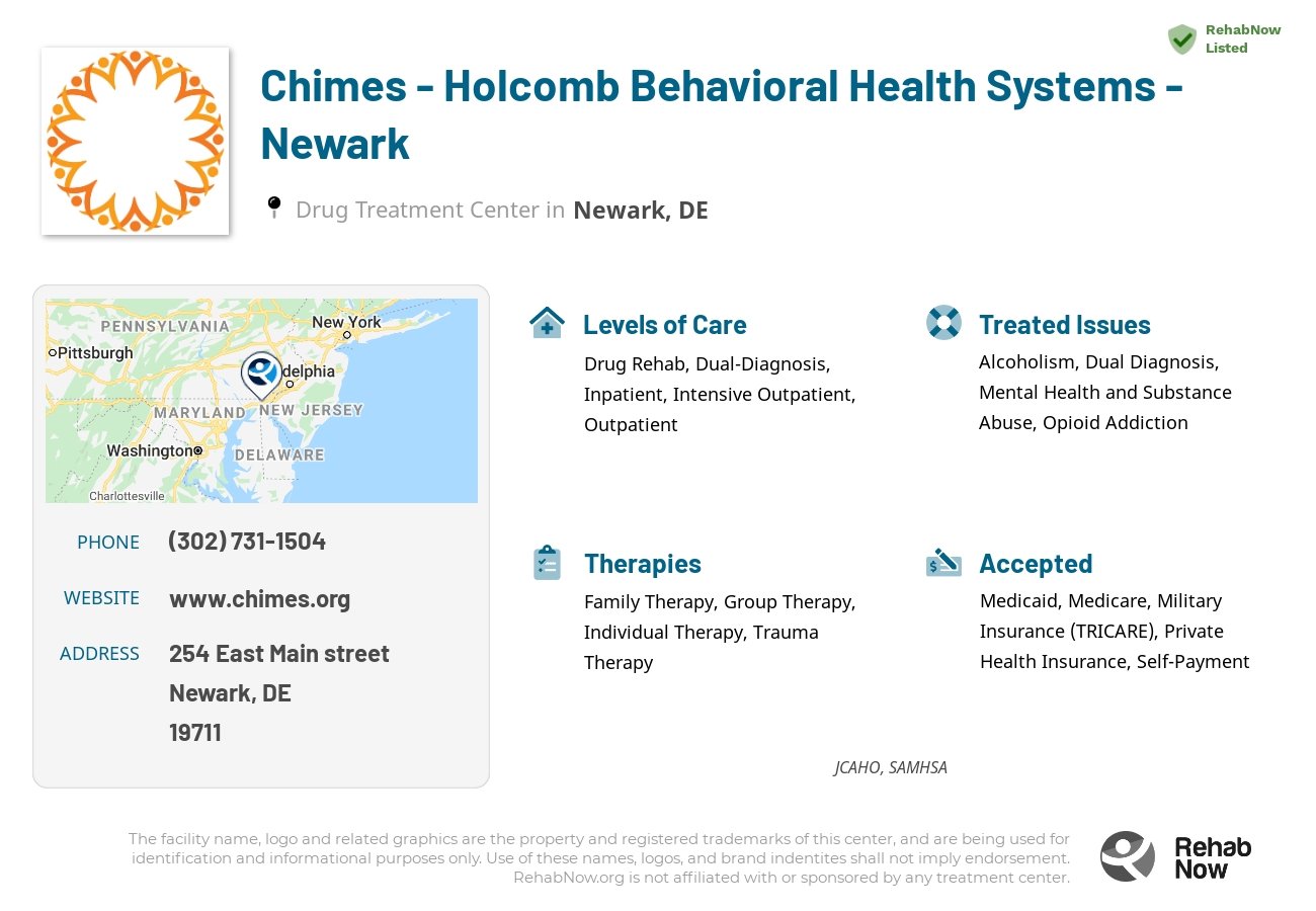 Helpful reference information for Chimes - Holcomb Behavioral Health Systems - Newark, a drug treatment center in Delaware located at: 254 East Main street, Newark, DE, 19711, including phone numbers, official website, and more. Listed briefly is an overview of Levels of Care, Therapies Offered, Issues Treated, and accepted forms of Payment Methods.