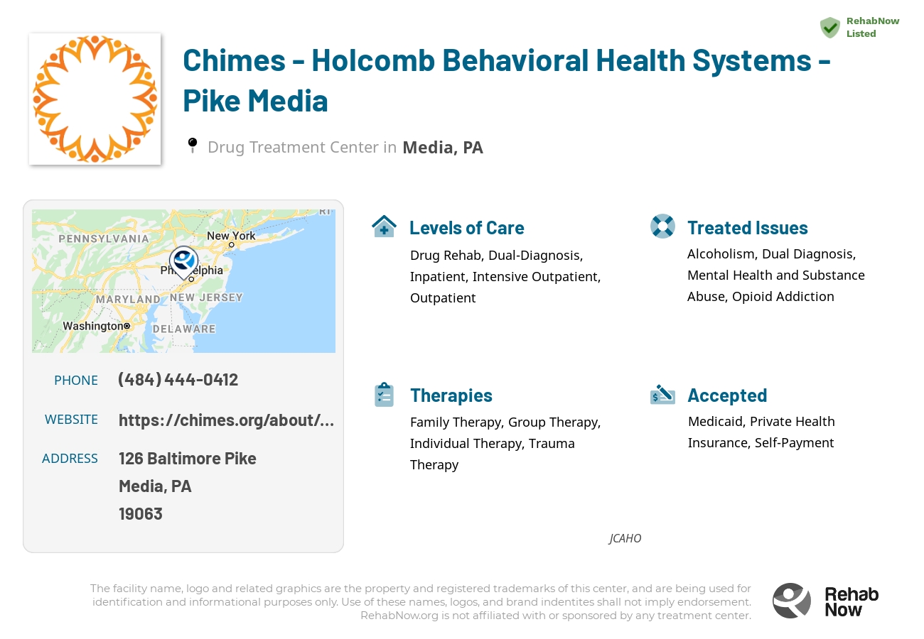 Helpful reference information for Chimes - Holcomb Behavioral Health Systems - Pike Media, a drug treatment center in Pennsylvania located at: 126 Baltimore Pike, Media, PA 19063, including phone numbers, official website, and more. Listed briefly is an overview of Levels of Care, Therapies Offered, Issues Treated, and accepted forms of Payment Methods.