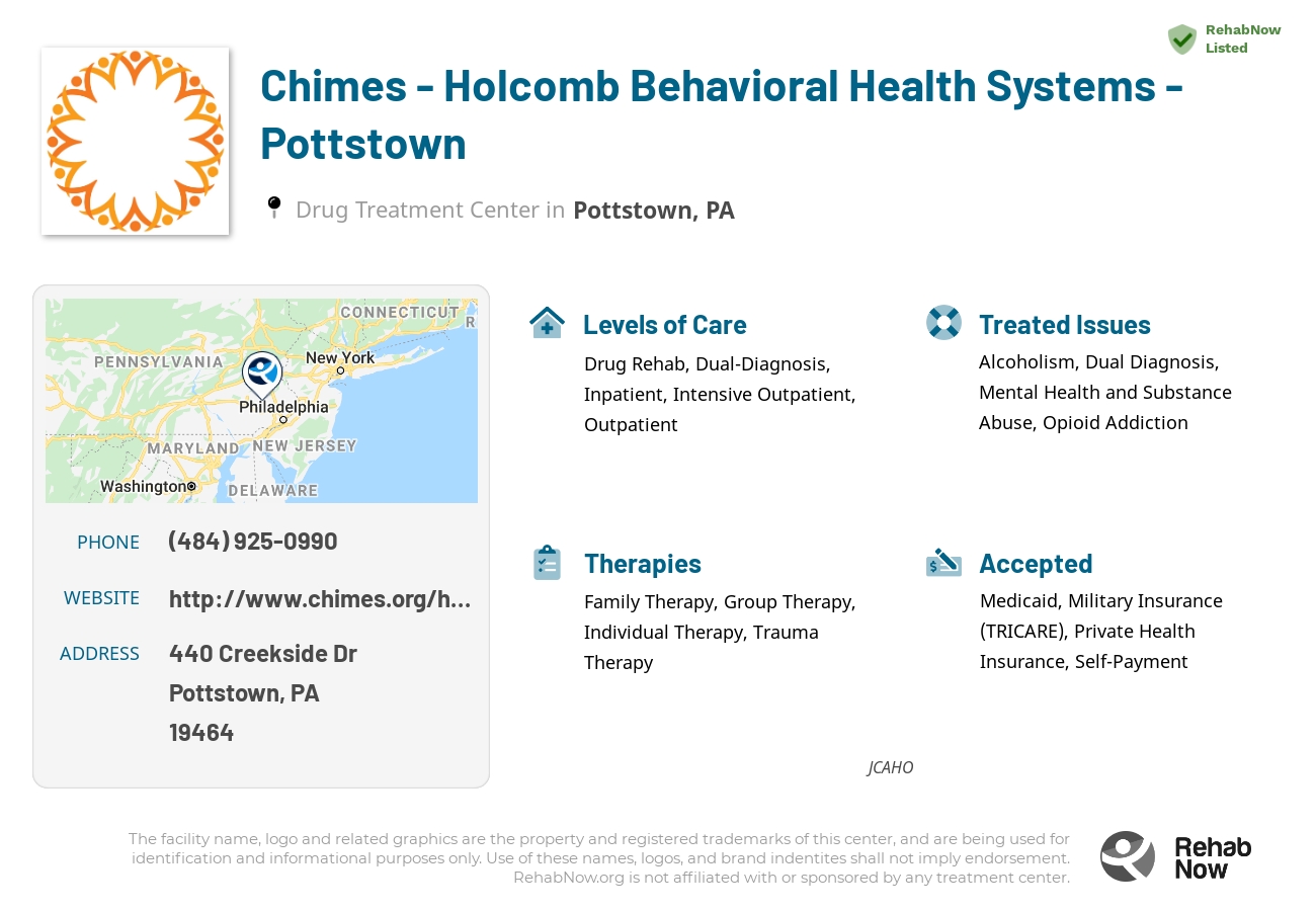 Helpful reference information for Chimes - Holcomb Behavioral Health Systems - Pottstown, a drug treatment center in Pennsylvania located at: 440 Creekside Dr, Pottstown, PA 19464, including phone numbers, official website, and more. Listed briefly is an overview of Levels of Care, Therapies Offered, Issues Treated, and accepted forms of Payment Methods.