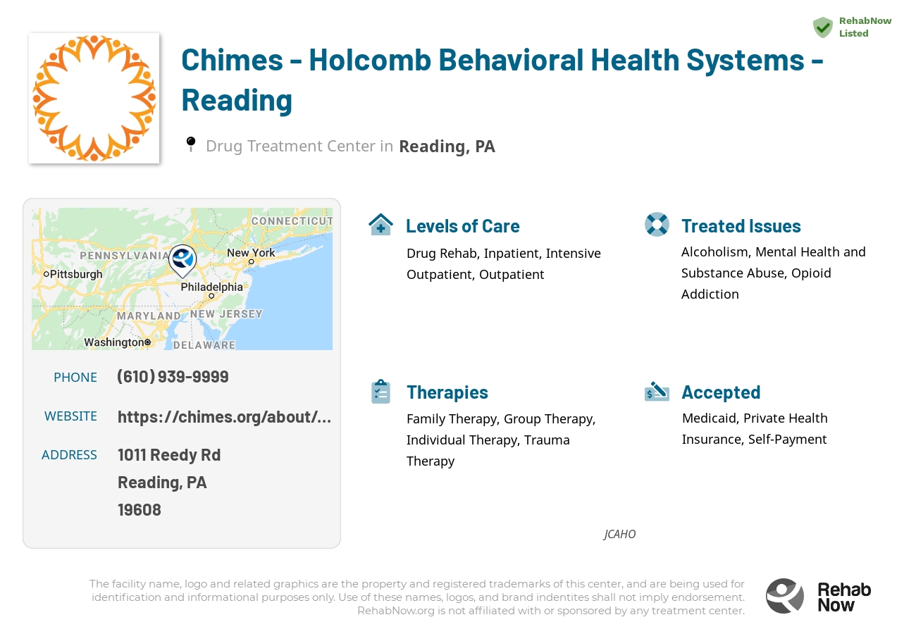 Helpful reference information for Chimes - Holcomb Behavioral Health Systems - Reading, a drug treatment center in Pennsylvania located at: 1011 Reedy Rd, Reading, PA 19608, including phone numbers, official website, and more. Listed briefly is an overview of Levels of Care, Therapies Offered, Issues Treated, and accepted forms of Payment Methods.