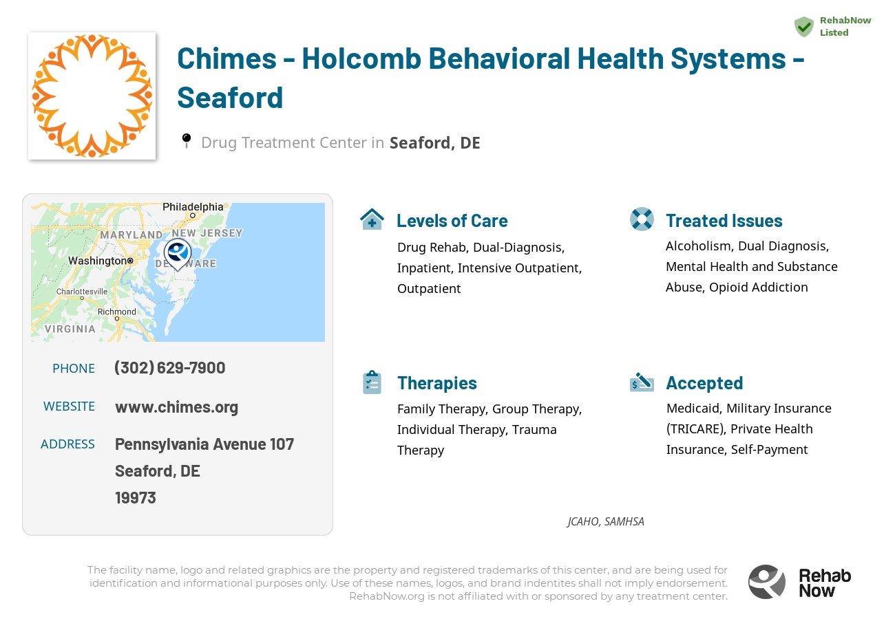 Helpful reference information for Chimes - Holcomb Behavioral Health Systems - Seaford, a drug treatment center in Delaware located at: Pennsylvania Avenue 107, Seaford, DE, 19973, including phone numbers, official website, and more. Listed briefly is an overview of Levels of Care, Therapies Offered, Issues Treated, and accepted forms of Payment Methods.