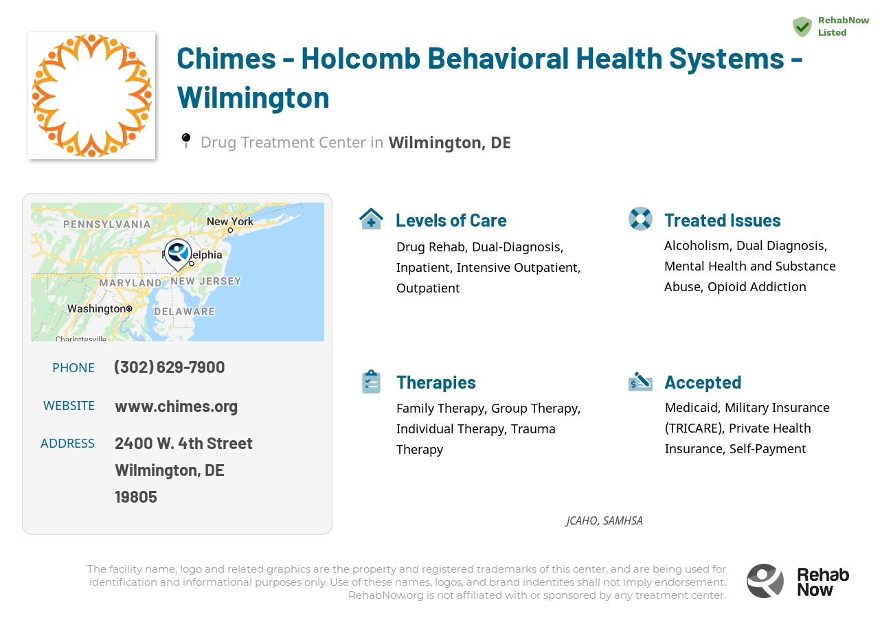Helpful reference information for Chimes - Holcomb Behavioral Health Systems - Wilmington, a drug treatment center in Delaware located at: 2400 W. 4th Street, Wilmington, DE, 19805, including phone numbers, official website, and more. Listed briefly is an overview of Levels of Care, Therapies Offered, Issues Treated, and accepted forms of Payment Methods.