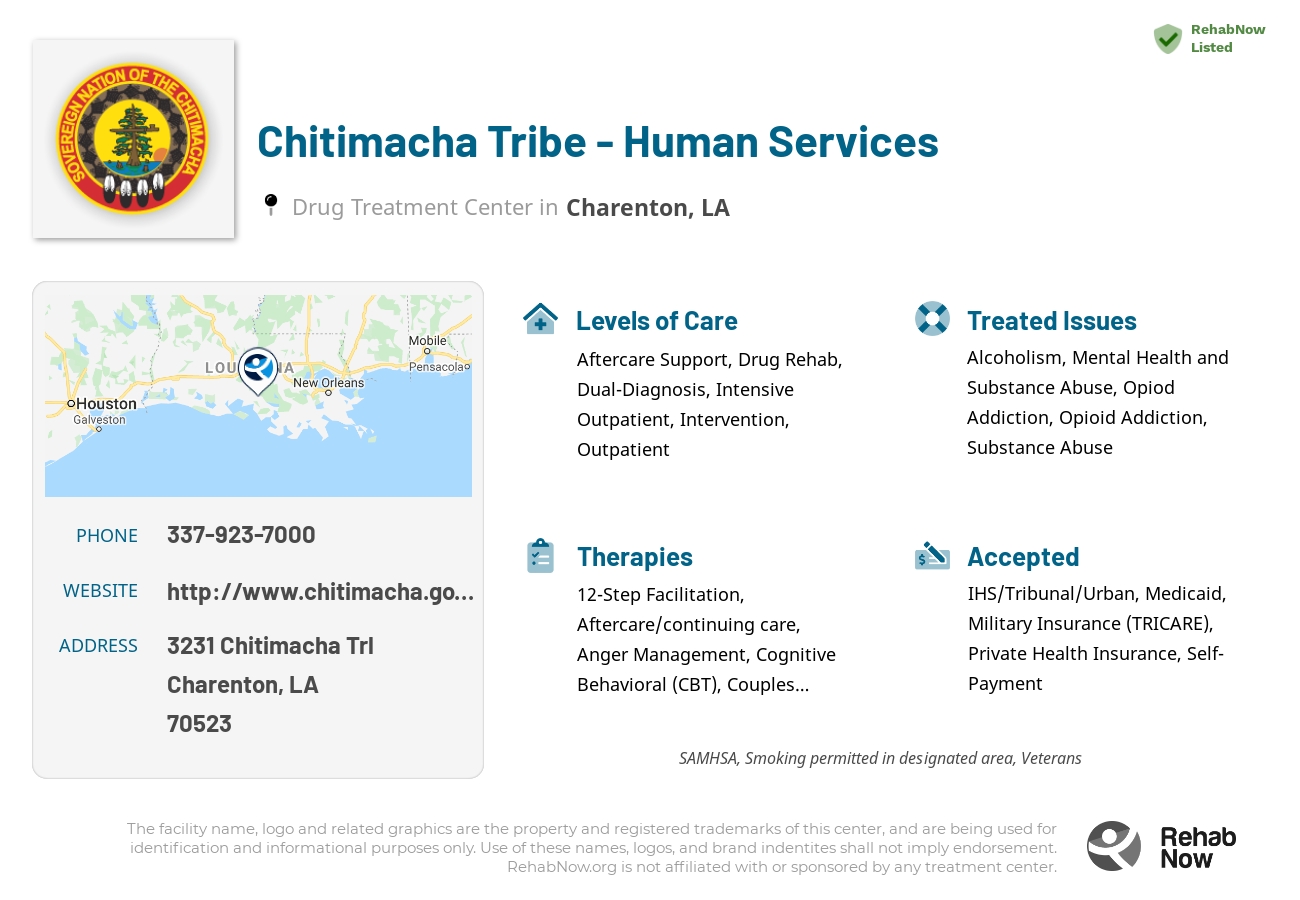 Helpful reference information for Chitimacha Tribe - Human Services, a drug treatment center in Louisiana located at: 3231 Chitimacha Trl, Charenton, LA 70523, including phone numbers, official website, and more. Listed briefly is an overview of Levels of Care, Therapies Offered, Issues Treated, and accepted forms of Payment Methods.