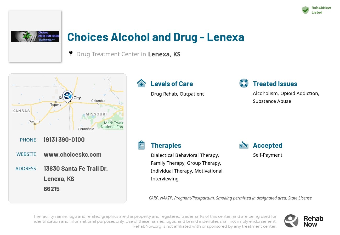 Helpful reference information for Choices Alcohol and Drug - Lenexa, a drug treatment center in Kansas located at: 13830 Santa Fe Trail Dr., Lenexa, KS, 66215, including phone numbers, official website, and more. Listed briefly is an overview of Levels of Care, Therapies Offered, Issues Treated, and accepted forms of Payment Methods.