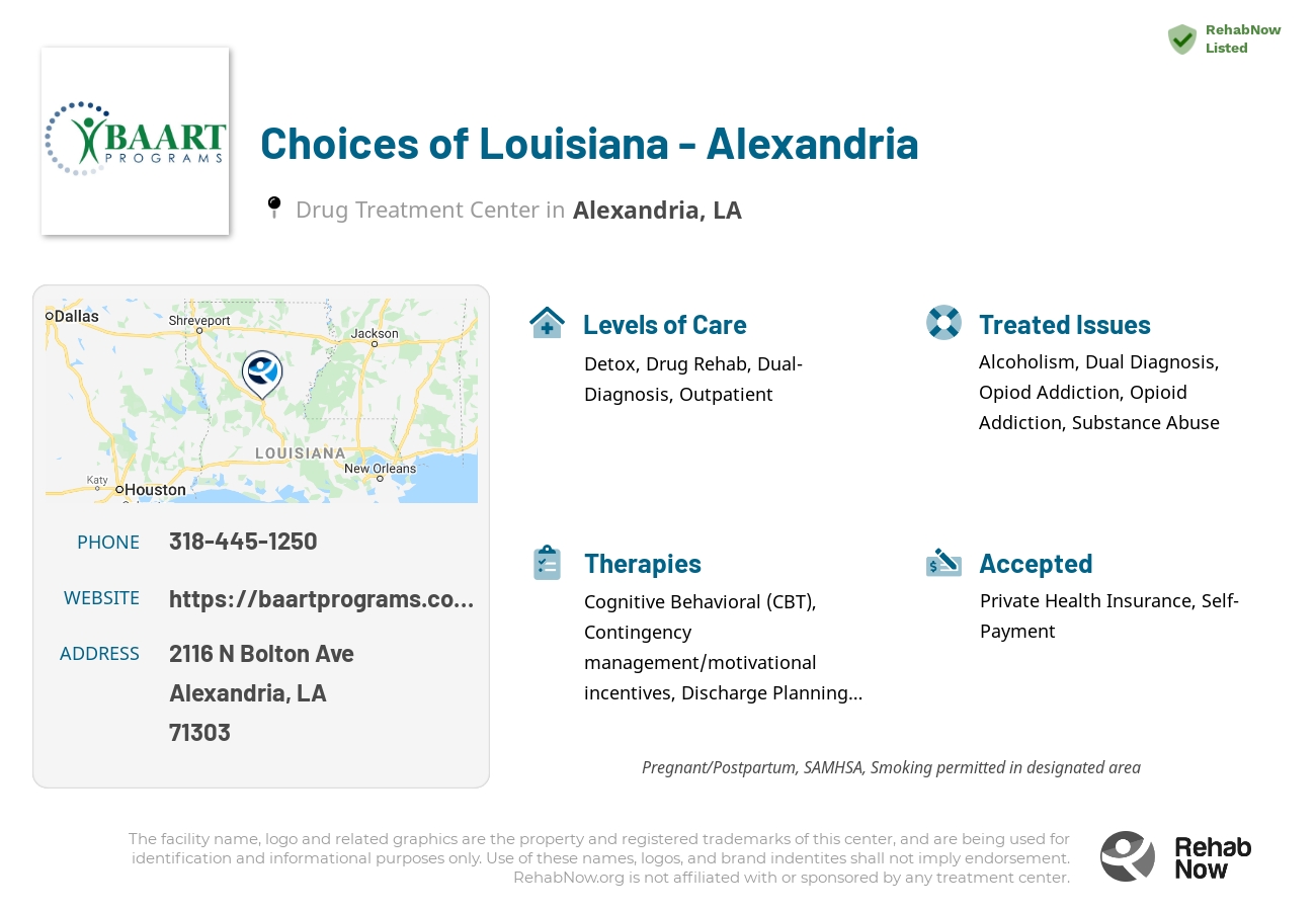 Helpful reference information for Choices of Louisiana - Alexandria, a drug treatment center in Louisiana located at: 2116 N Bolton Ave, Alexandria, LA 71303, including phone numbers, official website, and more. Listed briefly is an overview of Levels of Care, Therapies Offered, Issues Treated, and accepted forms of Payment Methods.