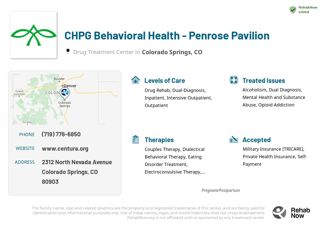 Helpful reference information for CHPG Behavioral Health - Penrose Pavilion, a drug treatment center in Colorado located at: 2312 North Nevada Avenue, Colorado Springs, CO, 80903, including phone numbers, official website, and more. Listed briefly is an overview of Levels of Care, Therapies Offered, Issues Treated, and accepted forms of Payment Methods.
