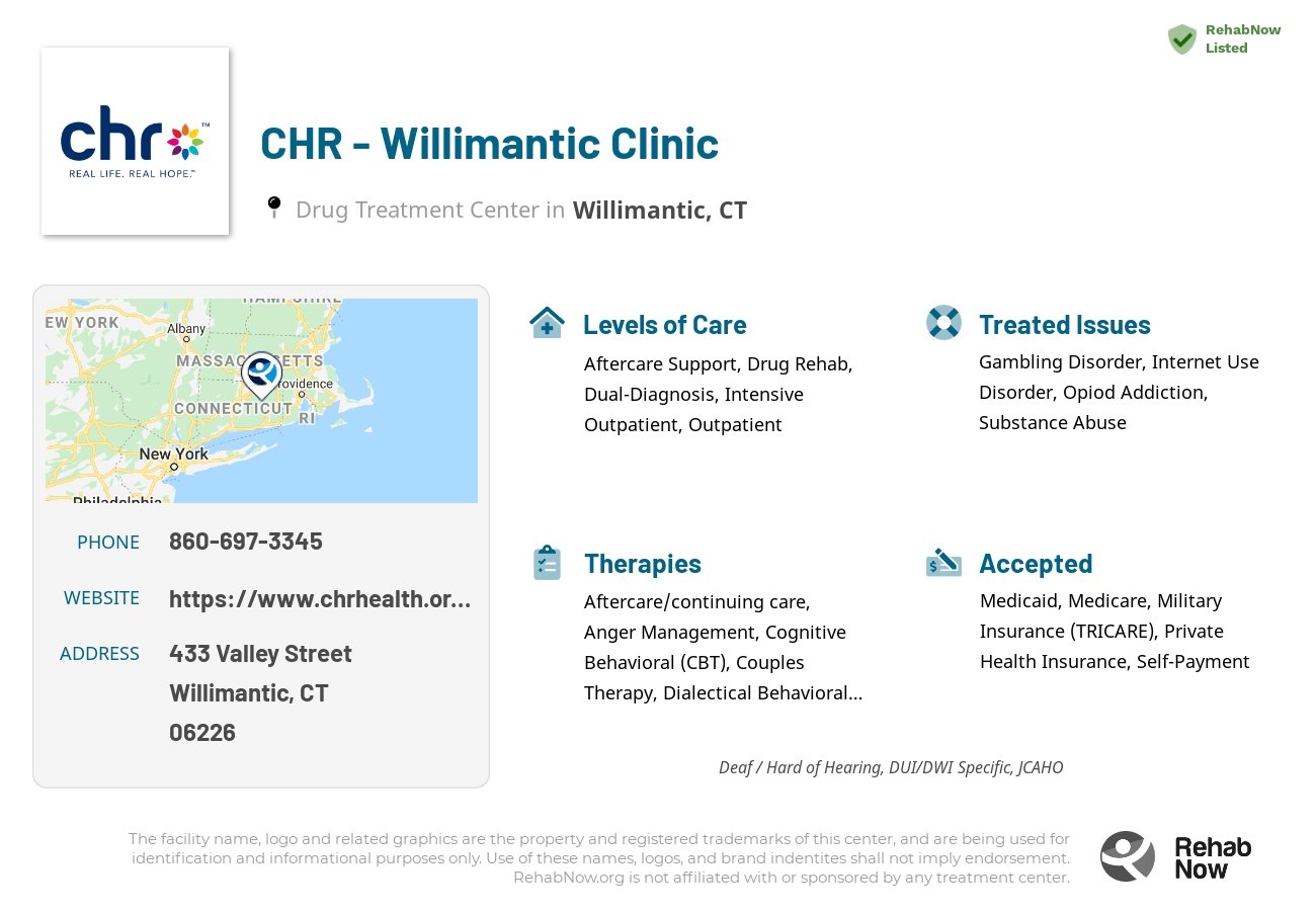 Helpful reference information for CHR - Willimantic Clinic, a drug treatment center in Connecticut located at: 433 Valley Street, Willimantic, CT 06226, including phone numbers, official website, and more. Listed briefly is an overview of Levels of Care, Therapies Offered, Issues Treated, and accepted forms of Payment Methods.