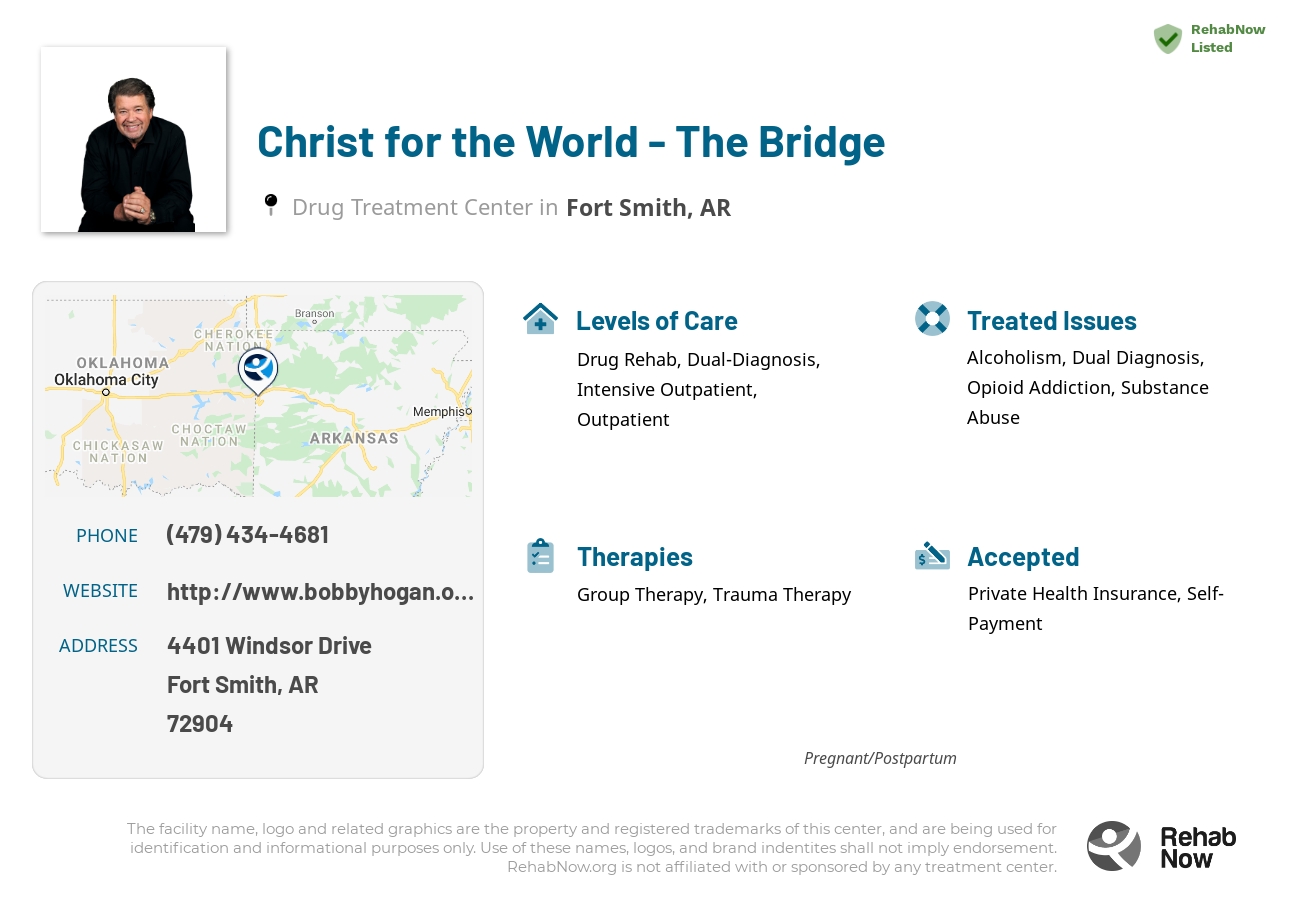 Helpful reference information for Christ for the World - The Bridge, a drug treatment center in Arkansas located at: 4401 Windsor Drive, Fort Smith, AR, 72904, including phone numbers, official website, and more. Listed briefly is an overview of Levels of Care, Therapies Offered, Issues Treated, and accepted forms of Payment Methods.