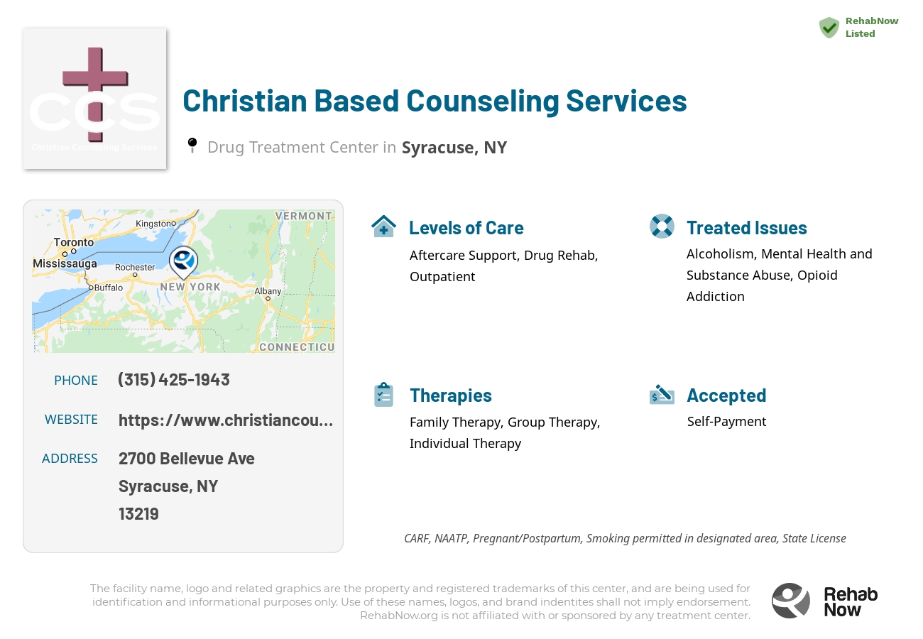 Helpful reference information for Christian Based Counseling Services, a drug treatment center in New York located at: 2700 Bellevue Ave, Syracuse, NY 13219, including phone numbers, official website, and more. Listed briefly is an overview of Levels of Care, Therapies Offered, Issues Treated, and accepted forms of Payment Methods.