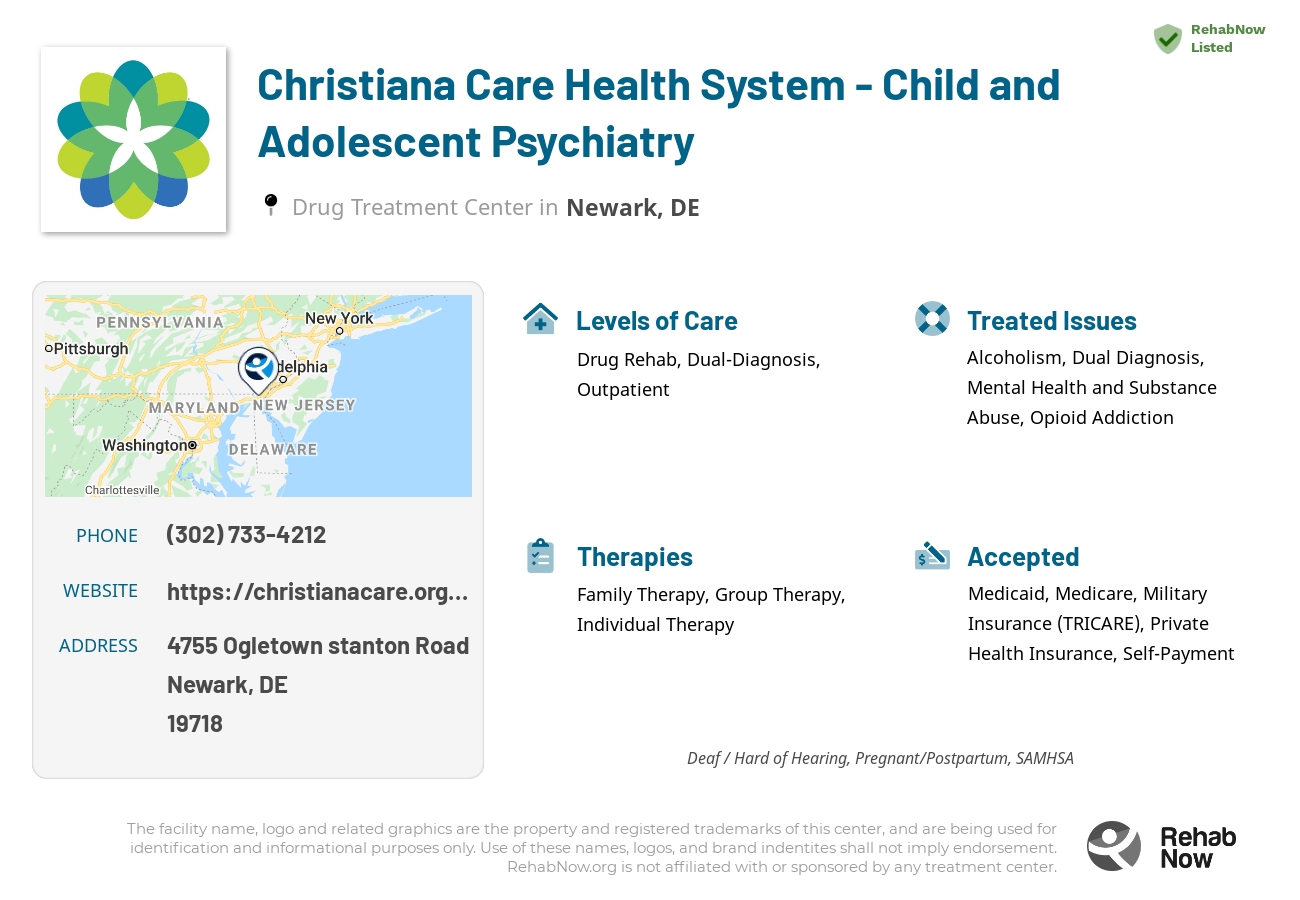 Helpful reference information for Christiana Care Health System - Child and Adolescent Psychiatry, a drug treatment center in Delaware located at: 4755 Ogletown stanton Road, Newark, DE, 19718, including phone numbers, official website, and more. Listed briefly is an overview of Levels of Care, Therapies Offered, Issues Treated, and accepted forms of Payment Methods.
