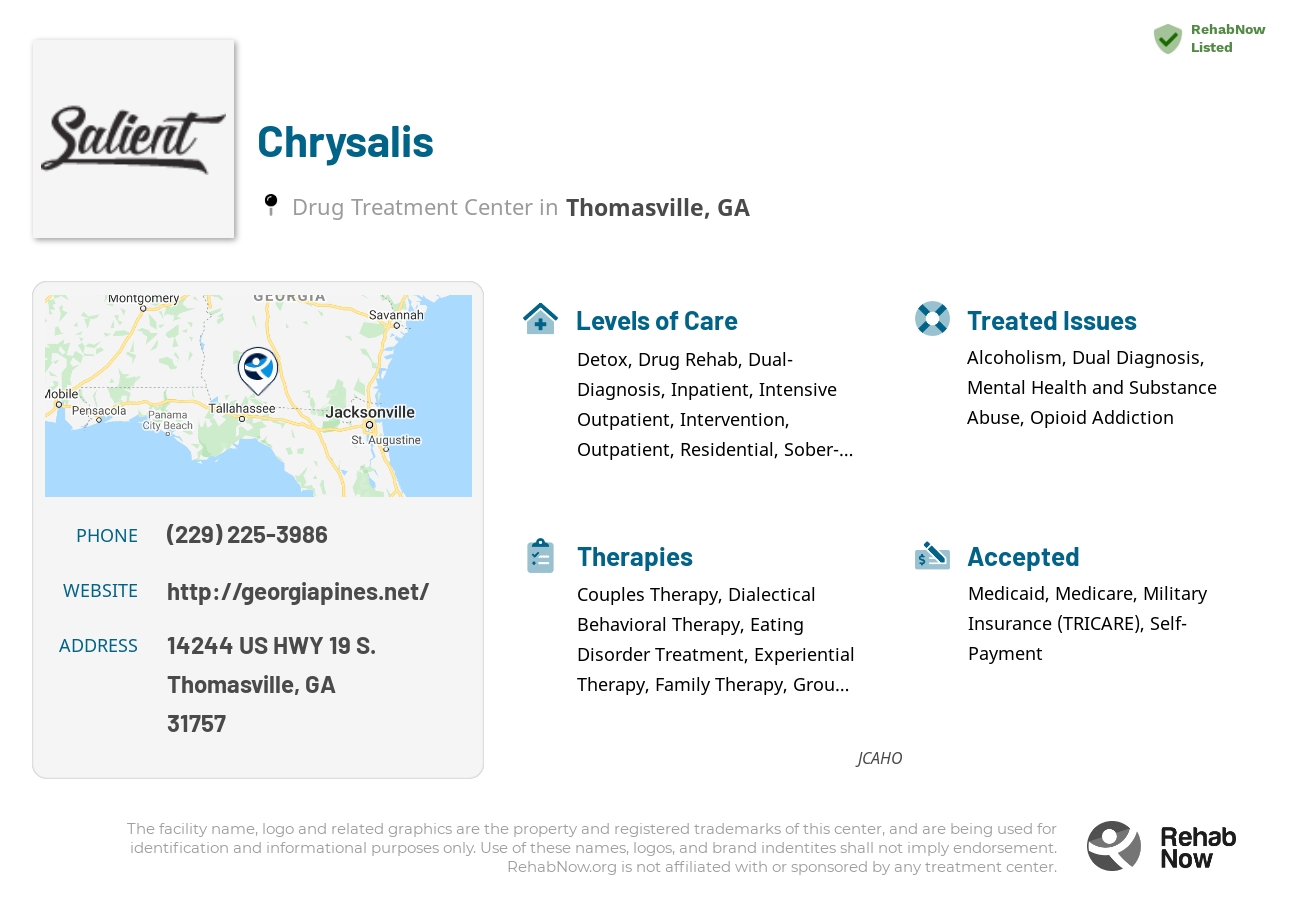 Helpful reference information for Chrysalis, a drug treatment center in Georgia located at: 14244 14244 US HWY 19 S., Thomasville, GA 31757, including phone numbers, official website, and more. Listed briefly is an overview of Levels of Care, Therapies Offered, Issues Treated, and accepted forms of Payment Methods.