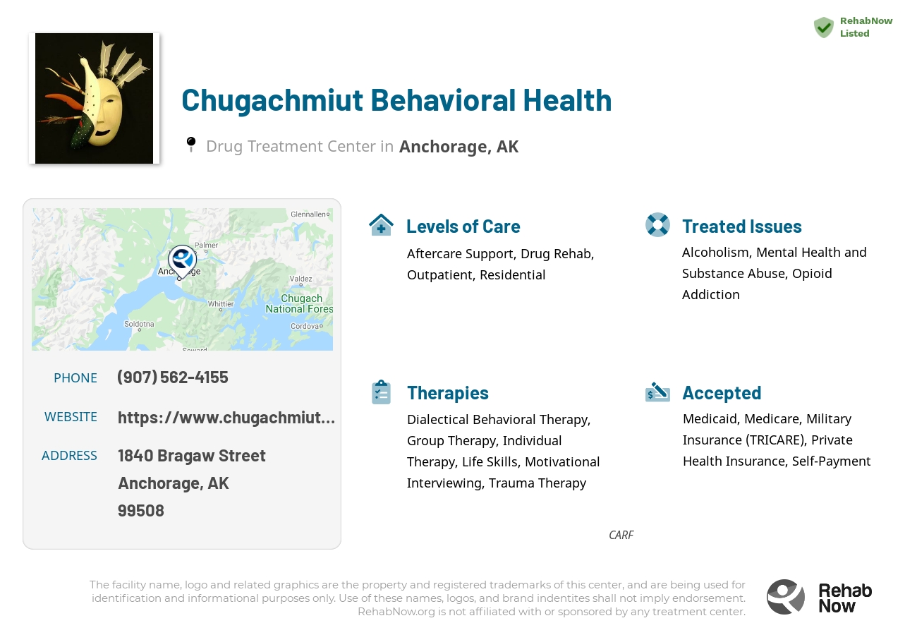 Helpful reference information for Chugachmiut Behavioral Health, a drug treatment center in Alaska located at: 1840 Bragaw Street, Anchorage, AK, 99508, including phone numbers, official website, and more. Listed briefly is an overview of Levels of Care, Therapies Offered, Issues Treated, and accepted forms of Payment Methods.