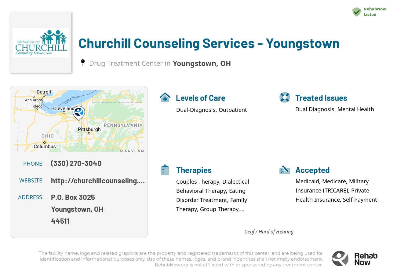 Helpful reference information for Churchill Counseling Services - Youngstown, a drug treatment center in Ohio located at: P.O. Box 3025, Youngstown, OH 44511, including phone numbers, official website, and more. Listed briefly is an overview of Levels of Care, Therapies Offered, Issues Treated, and accepted forms of Payment Methods.