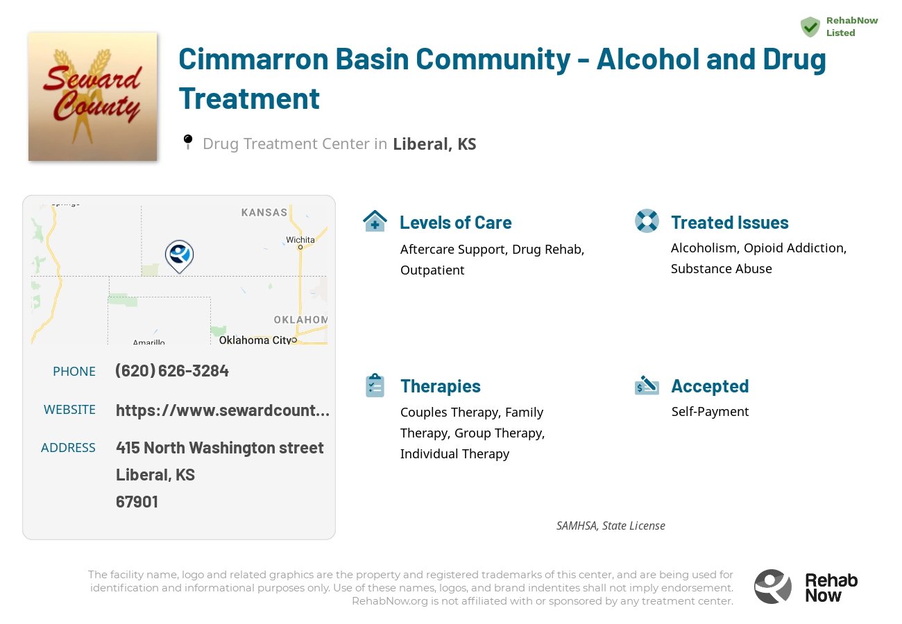 Helpful reference information for Cimmarron Basin Community - Alcohol and Drug Treatment, a drug treatment center in Kansas located at: 415 North Washington street, Liberal, KS, 67901, including phone numbers, official website, and more. Listed briefly is an overview of Levels of Care, Therapies Offered, Issues Treated, and accepted forms of Payment Methods.