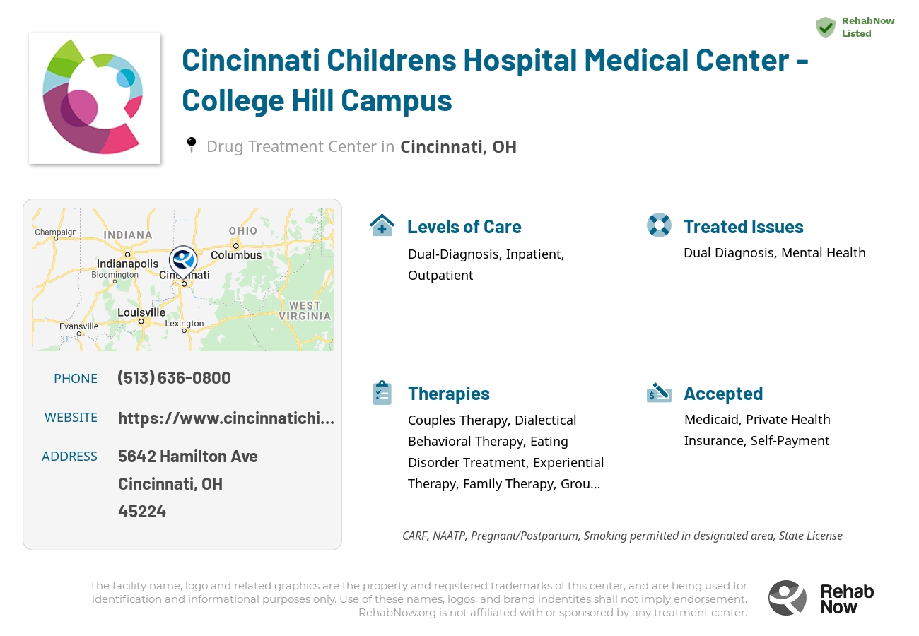 Helpful reference information for Cincinnati Childrens Hospital Medical Center - College Hill Campus, a drug treatment center in Ohio located at: 5642 Hamilton Ave, Cincinnati, OH 45224, including phone numbers, official website, and more. Listed briefly is an overview of Levels of Care, Therapies Offered, Issues Treated, and accepted forms of Payment Methods.