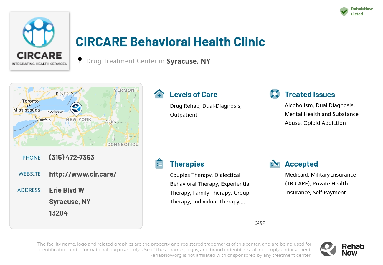 Helpful reference information for CIRCARE Behavioral Health Clinic, a drug treatment center in New York located at: Erie Blvd W, Syracuse, NY 13204, including phone numbers, official website, and more. Listed briefly is an overview of Levels of Care, Therapies Offered, Issues Treated, and accepted forms of Payment Methods.