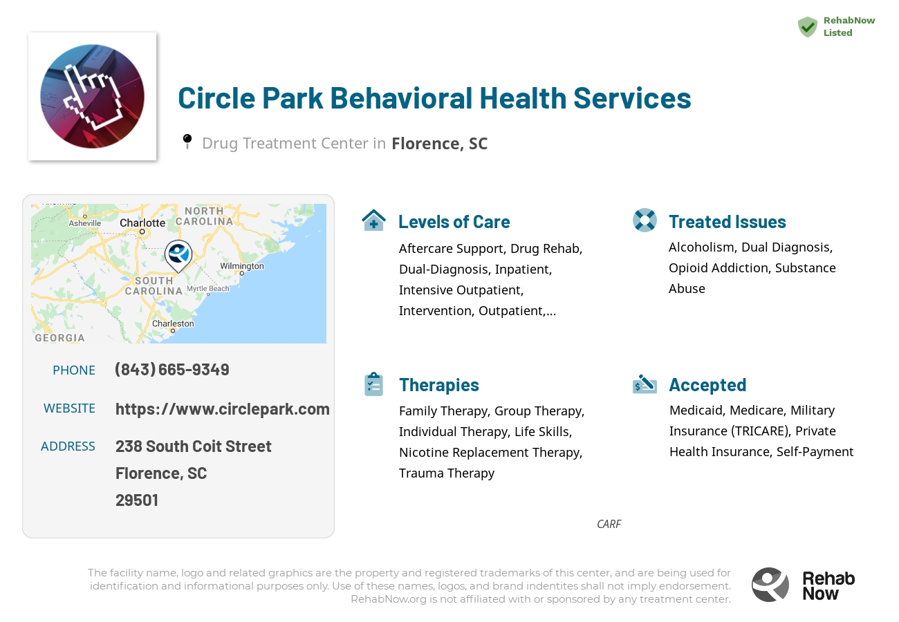 Helpful reference information for Circle Park Behavioral Health Services, a drug treatment center in South Carolina located at: 238 238 South Coit Street, Florence, SC 29501, including phone numbers, official website, and more. Listed briefly is an overview of Levels of Care, Therapies Offered, Issues Treated, and accepted forms of Payment Methods.