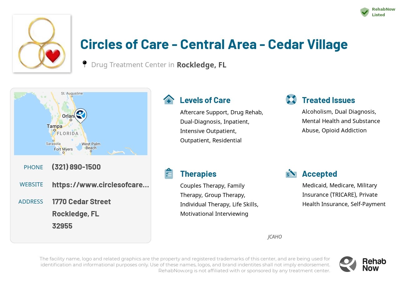 Helpful reference information for Circles of Care - Central Area - Cedar Village, a drug treatment center in Florida located at: 1770 Cedar Street, Rockledge, FL, 32955, including phone numbers, official website, and more. Listed briefly is an overview of Levels of Care, Therapies Offered, Issues Treated, and accepted forms of Payment Methods.