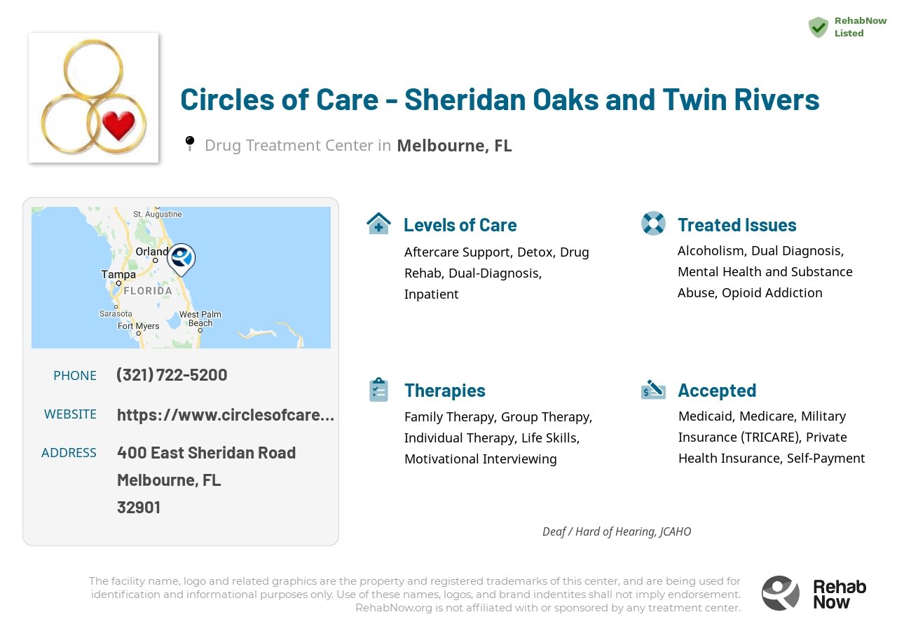 Helpful reference information for Circles of Care - Sheridan Oaks and Twin Rivers, a drug treatment center in Florida located at: 400 East Sheridan Road, Melbourne, FL, 32901, including phone numbers, official website, and more. Listed briefly is an overview of Levels of Care, Therapies Offered, Issues Treated, and accepted forms of Payment Methods.