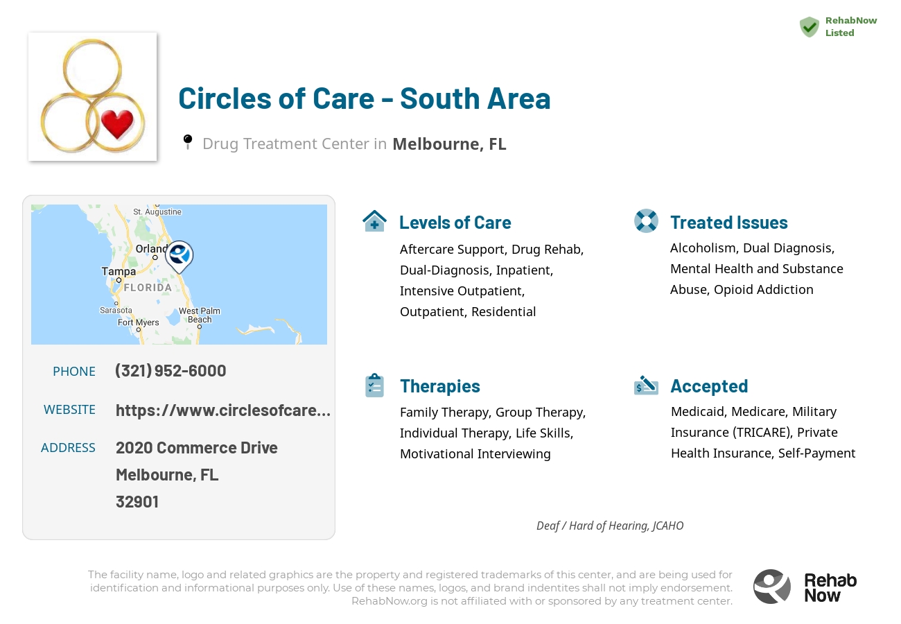 Helpful reference information for Circles of Care - South Area, a drug treatment center in Florida located at: 2020 Commerce Drive, Melbourne, FL, 32901, including phone numbers, official website, and more. Listed briefly is an overview of Levels of Care, Therapies Offered, Issues Treated, and accepted forms of Payment Methods.