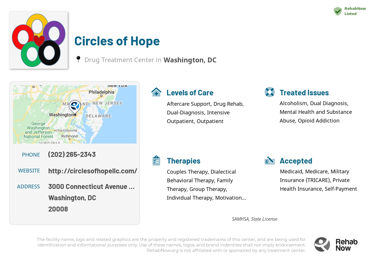 Helpful reference information for Circles of Hope, a drug treatment center in District of Columbia located at: 3000 Connecticut Avenue NW, Washington, DC, 20008, including phone numbers, official website, and more. Listed briefly is an overview of Levels of Care, Therapies Offered, Issues Treated, and accepted forms of Payment Methods.