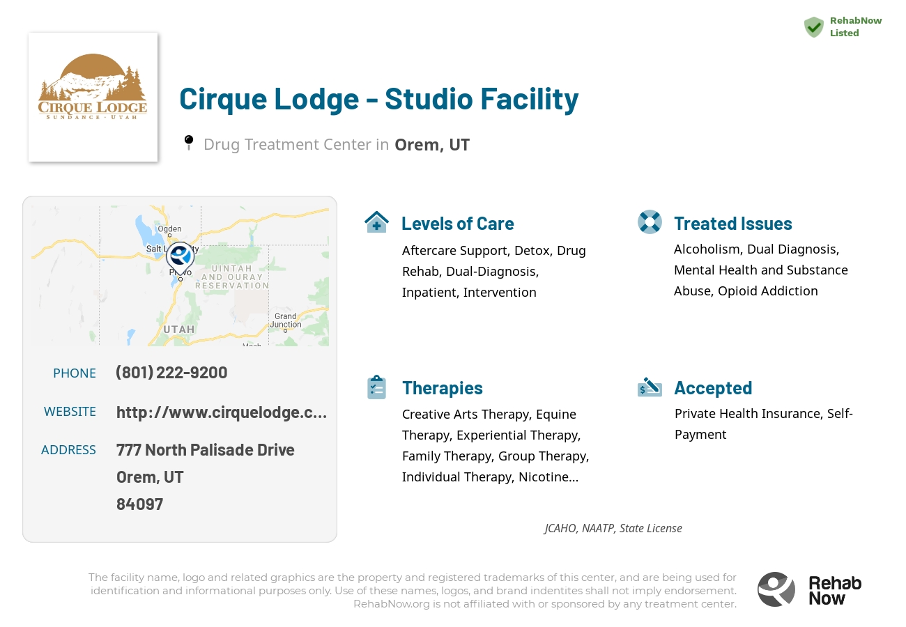 Helpful reference information for Cirque Lodge - Studio Facility, a drug treatment center in Utah located at: 777 777 North Palisade Drive, Orem, UT 84097, including phone numbers, official website, and more. Listed briefly is an overview of Levels of Care, Therapies Offered, Issues Treated, and accepted forms of Payment Methods.