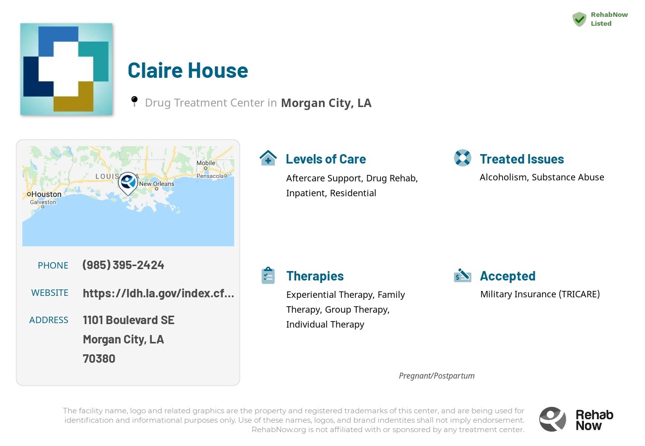 Helpful reference information for Claire House, a drug treatment center in Louisiana located at: 1101 1101 Boulevard SE, Morgan City, LA 70380, including phone numbers, official website, and more. Listed briefly is an overview of Levels of Care, Therapies Offered, Issues Treated, and accepted forms of Payment Methods.