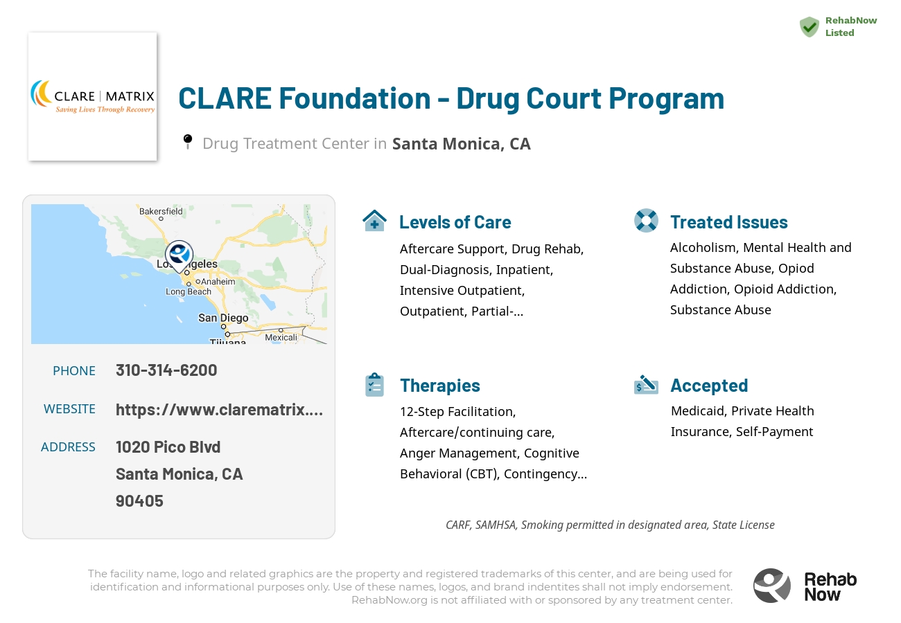 Helpful reference information for CLARE Foundation - Drug Court Program, a drug treatment center in California located at: 1020 Pico Blvd, Santa Monica, CA 90405, including phone numbers, official website, and more. Listed briefly is an overview of Levels of Care, Therapies Offered, Issues Treated, and accepted forms of Payment Methods.