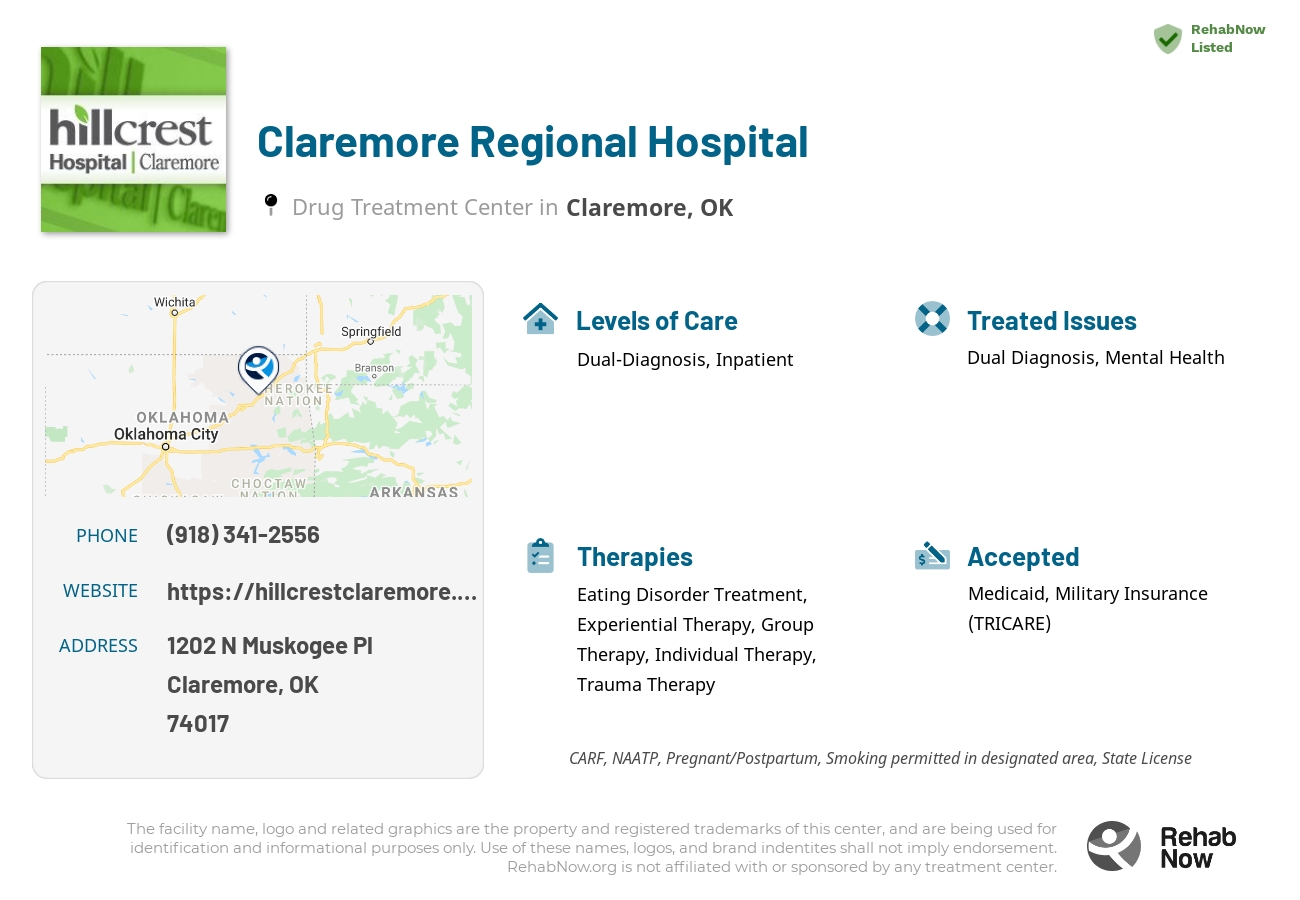 Helpful reference information for Claremore Regional Hospital, a drug treatment center in Oklahoma located at: 1202 N Muskogee Pl, Claremore, OK 74017, including phone numbers, official website, and more. Listed briefly is an overview of Levels of Care, Therapies Offered, Issues Treated, and accepted forms of Payment Methods.