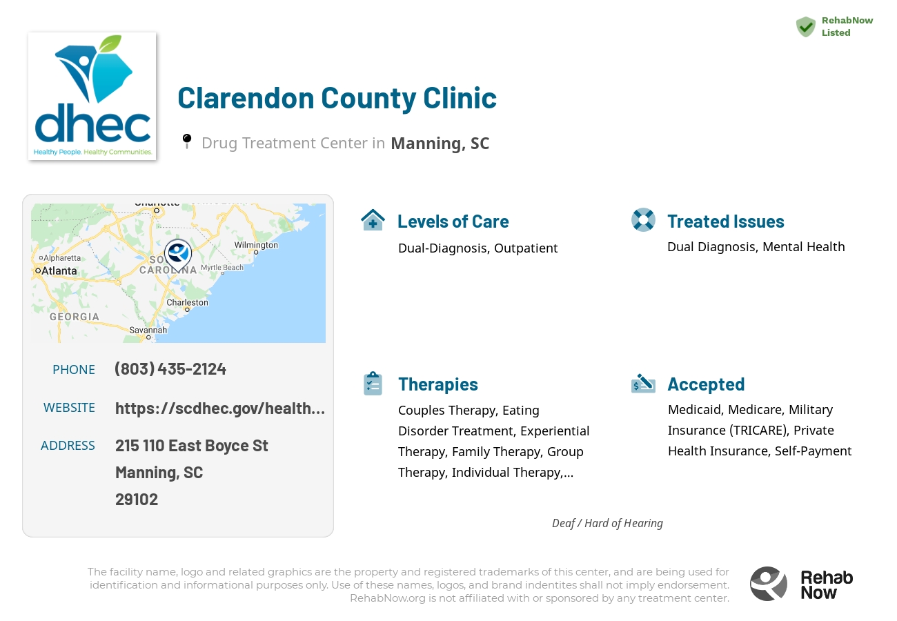 Helpful reference information for Clarendon County Clinic, a drug treatment center in South Carolina located at: 215 110 East Boyce St, Manning, SC 29102, including phone numbers, official website, and more. Listed briefly is an overview of Levels of Care, Therapies Offered, Issues Treated, and accepted forms of Payment Methods.