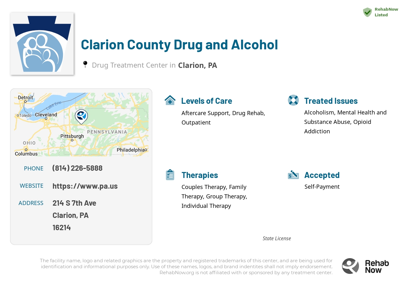 Helpful reference information for Clarion County Drug and Alcohol, a drug treatment center in Pennsylvania located at: 214 S 7th Ave, Clarion, PA 16214, including phone numbers, official website, and more. Listed briefly is an overview of Levels of Care, Therapies Offered, Issues Treated, and accepted forms of Payment Methods.