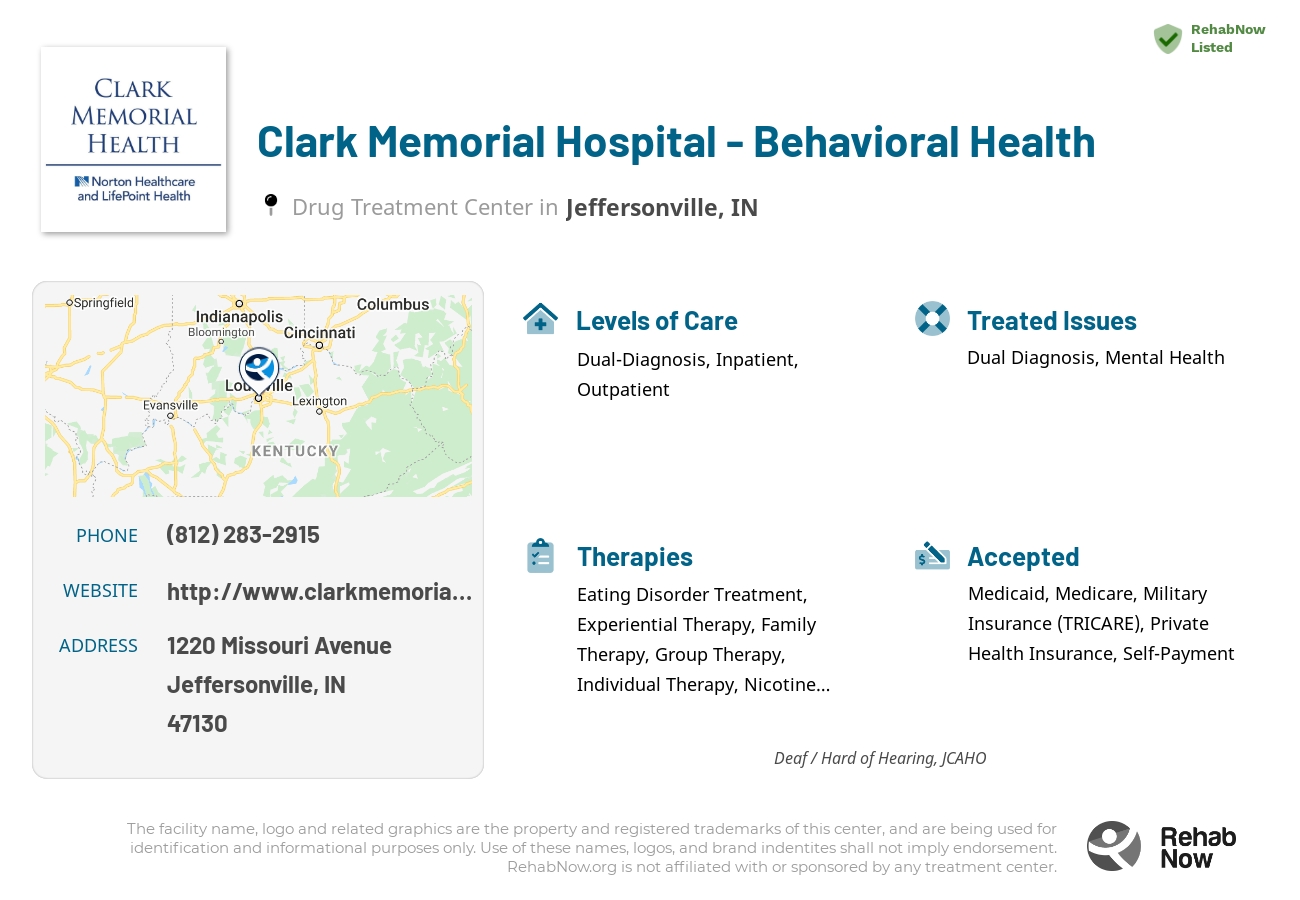 Helpful reference information for Clark Memorial Hospital - Behavioral Health, a drug treatment center in Indiana located at: 1220 Missouri Avenue, Jeffersonville, IN, 47130, including phone numbers, official website, and more. Listed briefly is an overview of Levels of Care, Therapies Offered, Issues Treated, and accepted forms of Payment Methods.