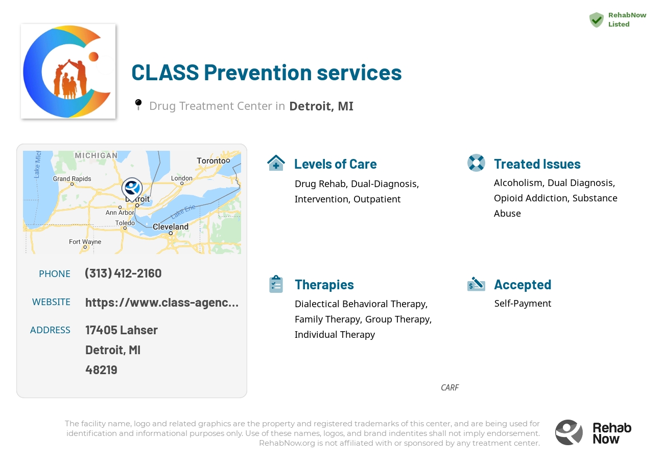 Helpful reference information for CLASS Prevention services, a drug treatment center in Michigan located at: 17405 17405 Lahser, Detroit, MI 48219, including phone numbers, official website, and more. Listed briefly is an overview of Levels of Care, Therapies Offered, Issues Treated, and accepted forms of Payment Methods.