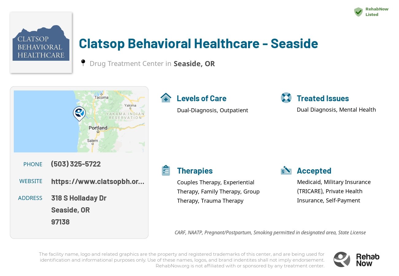 Helpful reference information for Clatsop Behavioral Healthcare - Seaside, a drug treatment center in Oregon located at: 318 S Holladay Dr, Seaside, OR 97138, including phone numbers, official website, and more. Listed briefly is an overview of Levels of Care, Therapies Offered, Issues Treated, and accepted forms of Payment Methods.