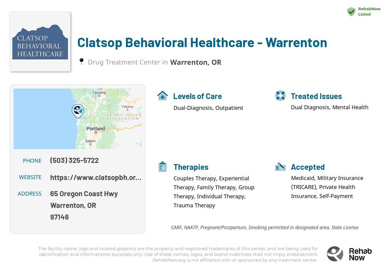 Helpful reference information for Clatsop Behavioral Healthcare - Warrenton, a drug treatment center in Oregon located at: 65 Oregon Coast Hwy, Warrenton, OR 97146, including phone numbers, official website, and more. Listed briefly is an overview of Levels of Care, Therapies Offered, Issues Treated, and accepted forms of Payment Methods.