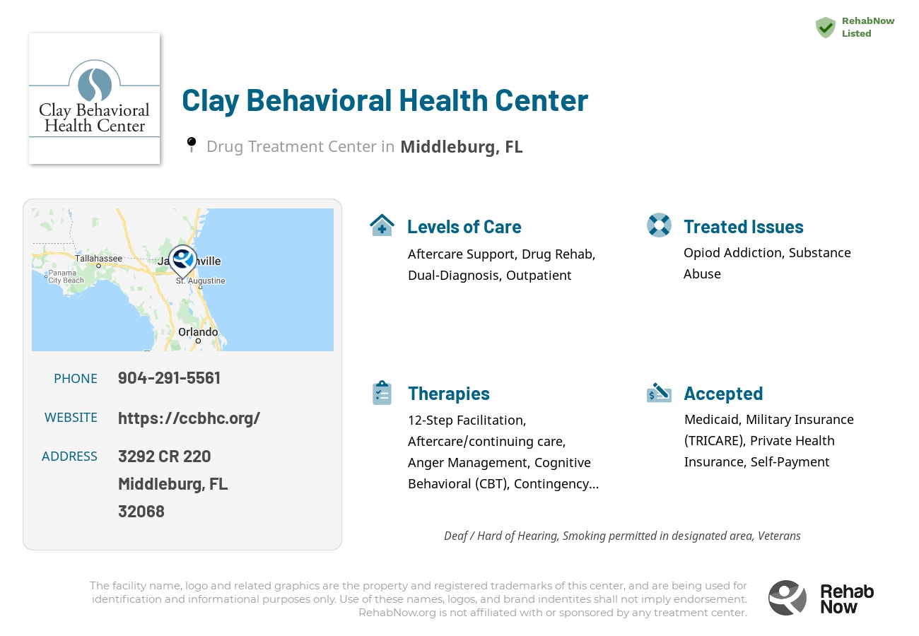 Helpful reference information for Clay Behavioral Health Center, a drug treatment center in Florida located at: 3292 CR 220, Middleburg, FL 32068, including phone numbers, official website, and more. Listed briefly is an overview of Levels of Care, Therapies Offered, Issues Treated, and accepted forms of Payment Methods.