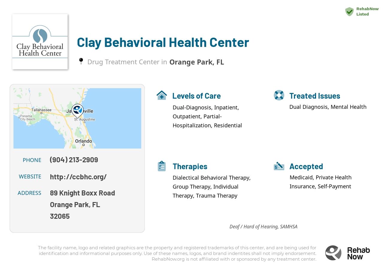 Helpful reference information for Clay Behavioral Health Center, a drug treatment center in Florida located at: 89 Knight Boxx Road, Orange Park, FL, 32065, including phone numbers, official website, and more. Listed briefly is an overview of Levels of Care, Therapies Offered, Issues Treated, and accepted forms of Payment Methods.